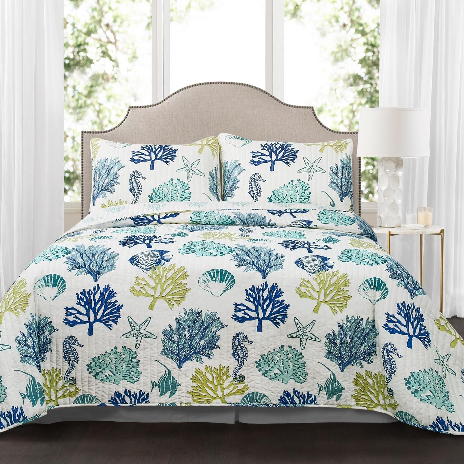 Lush Decor Coastal Reef Cotton Reversible Coastal 3 Piece Quilt Set
