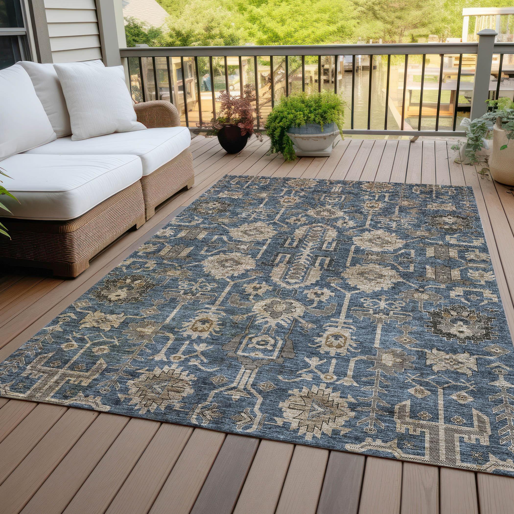 Navy and Beige Synthetic Flat Woven 8' x 10' Oriental Rug