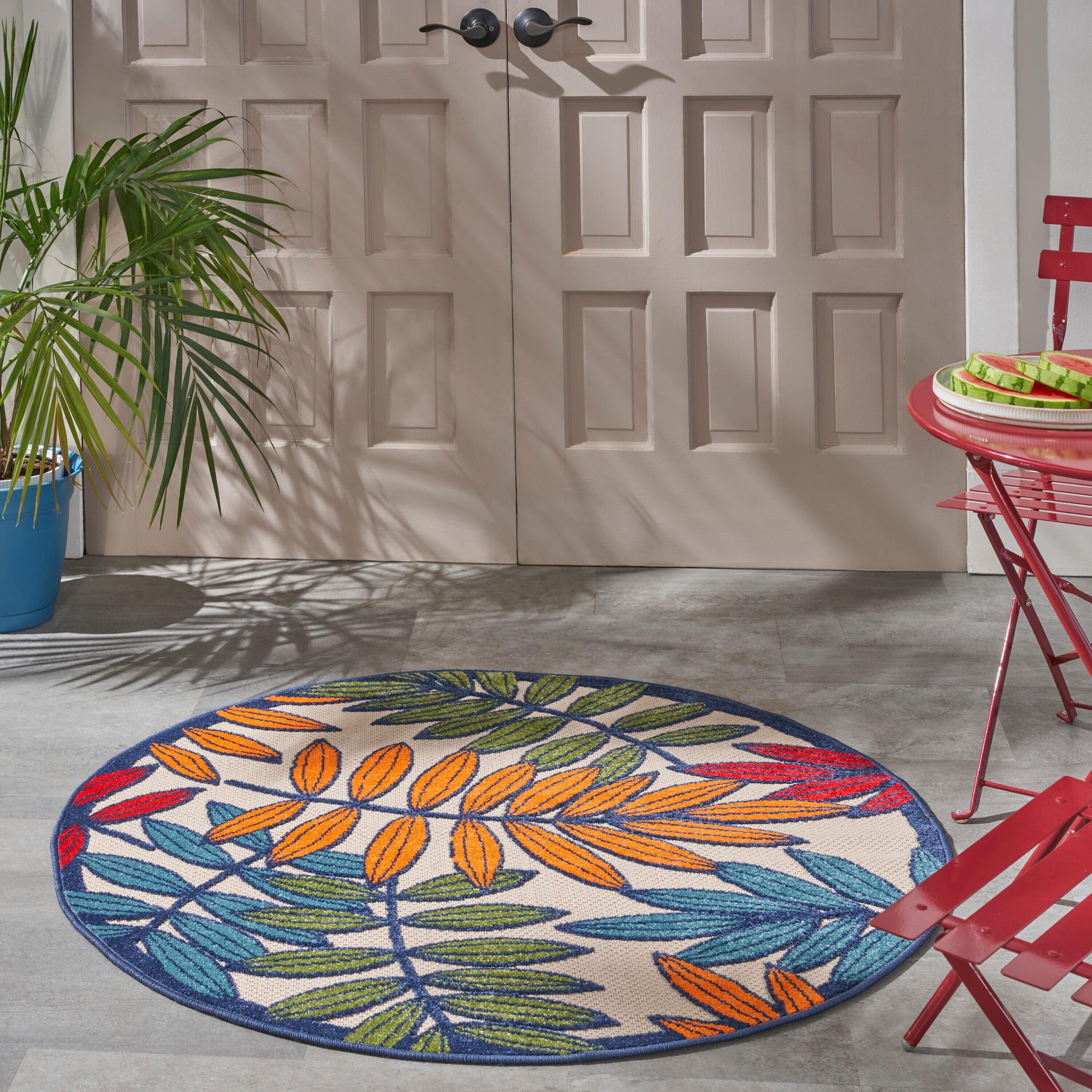 Nourison Aloha Floral Leaf Flatweave High-Low Indoor Outdoor Round Rug Multicolor 4' x 4'