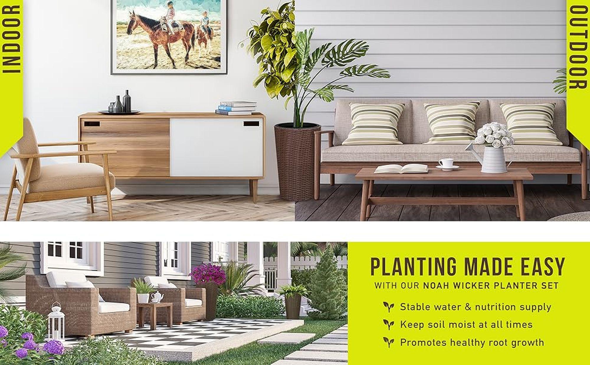 Balkene Home Noah All-Weather Wicker Planter Set with Liners Tall Plant Decor Box for Outdoors & Indoors Patio Herb Garden - 2 Piece Set – Mocha