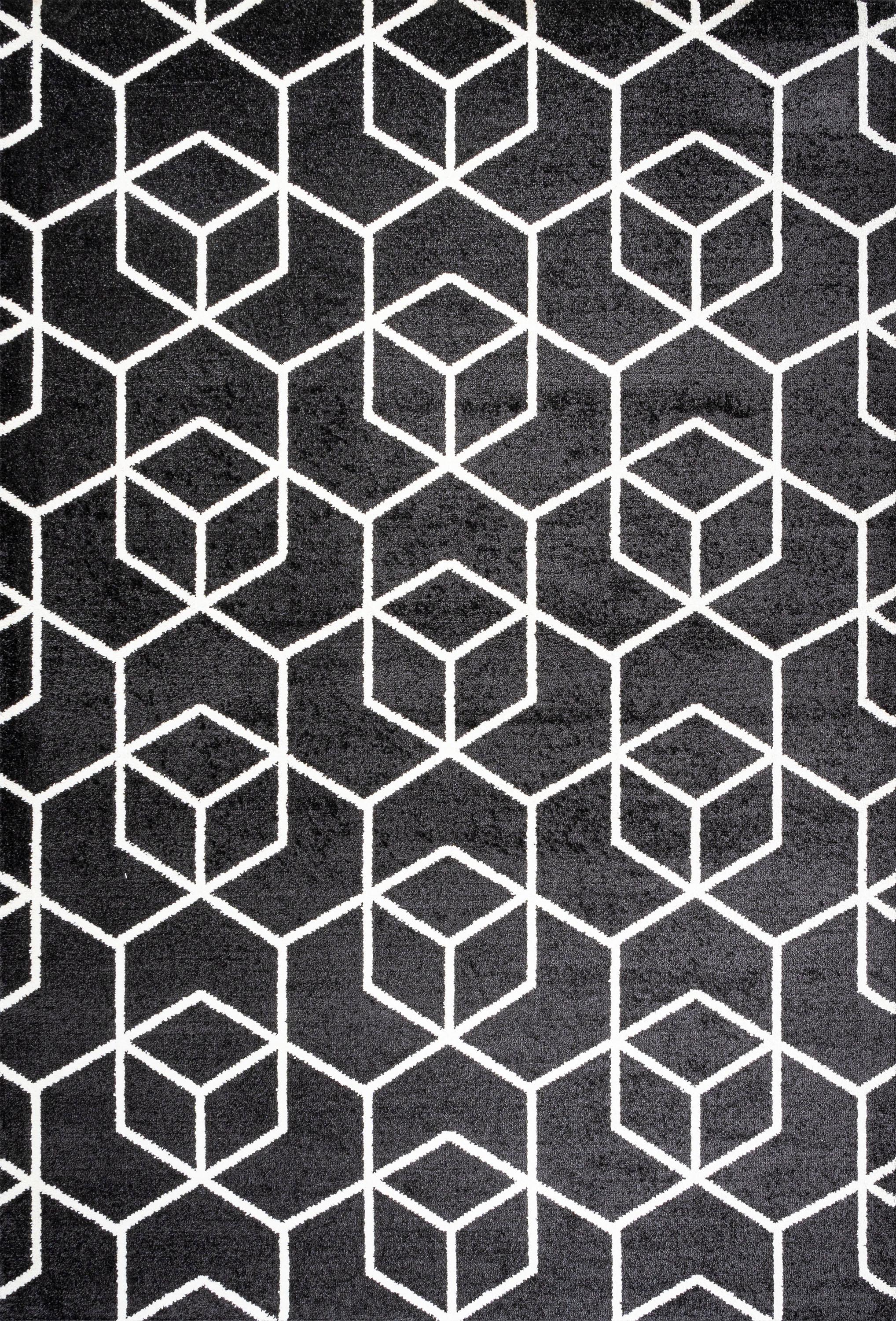 3'x5' Tumbling Blocks Modern Geometric Area Rug, Black/White - JONATHAN Y