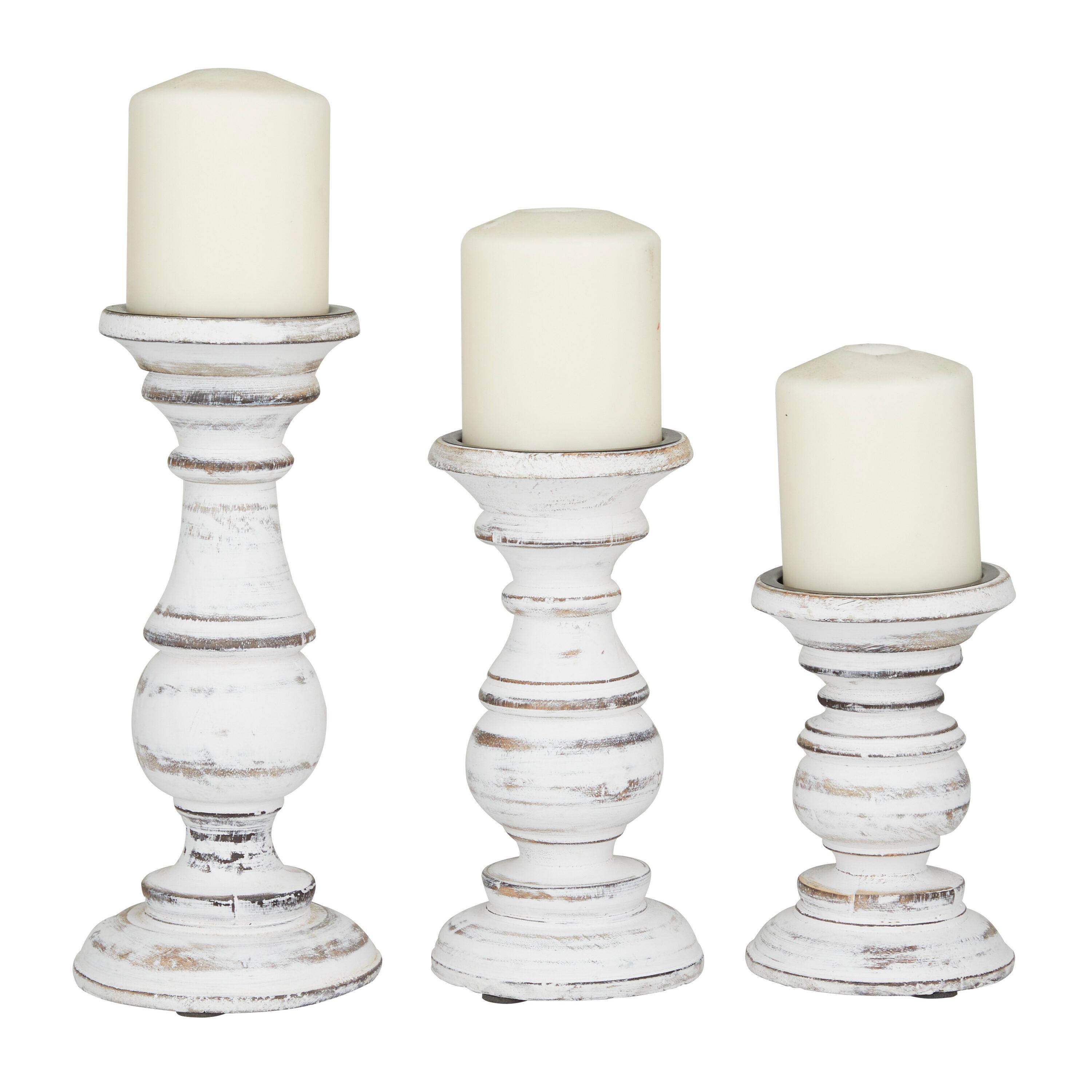 Set of 3 Rustic Pillar Candle Holder White - Olivia & May: Elegant Mango Wood, Sturdy Base, Indoor Use