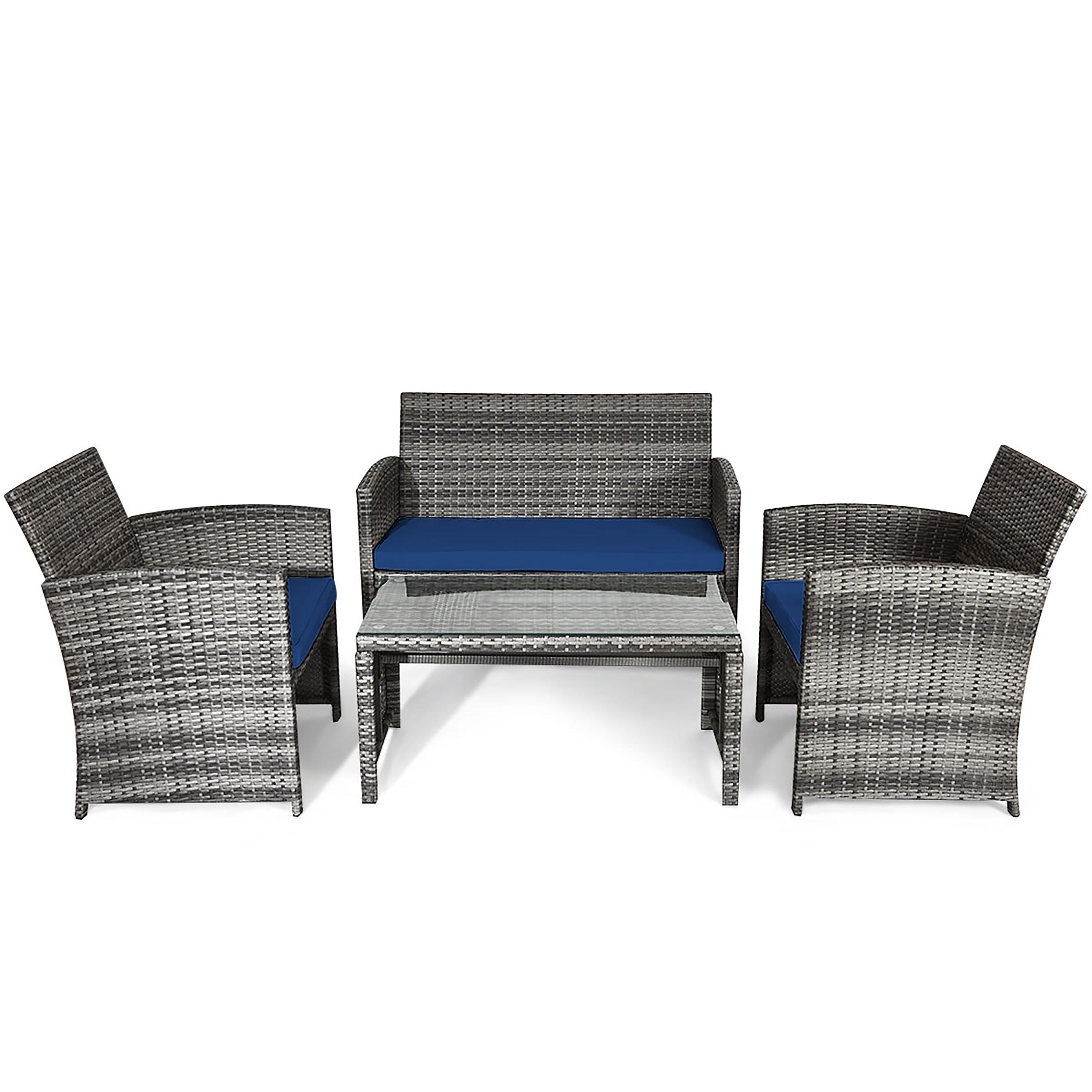 Resenkos 4 Pieces Outdoor Rattan Furniture Set, Wicker Furniture Sets, Patio Conversation Sets with Coffee Table Cushioned Sofa-Red