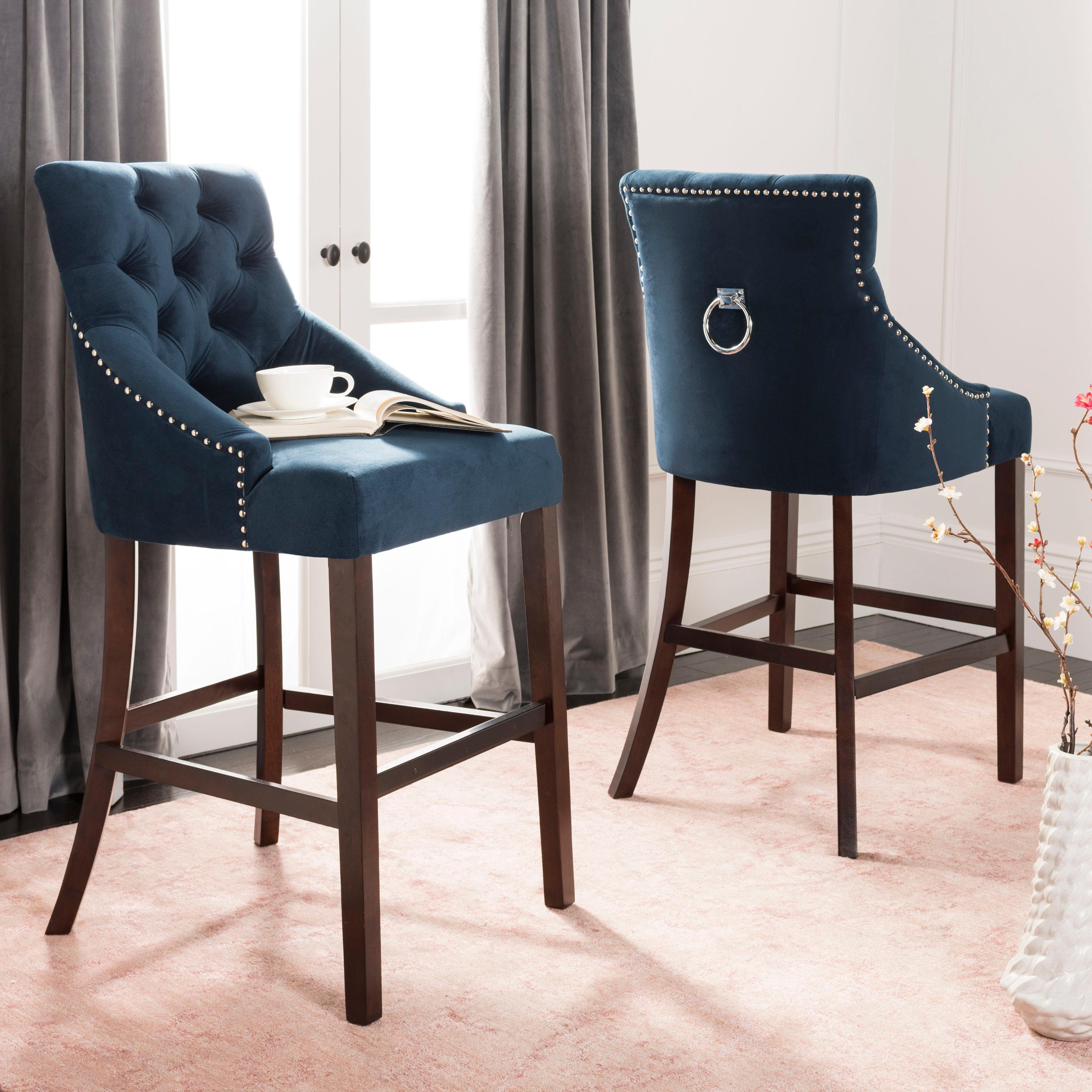 Eleni Tufted Wing Back Bar Stool (Set Of 2) - Navy/Espresso - Safavieh