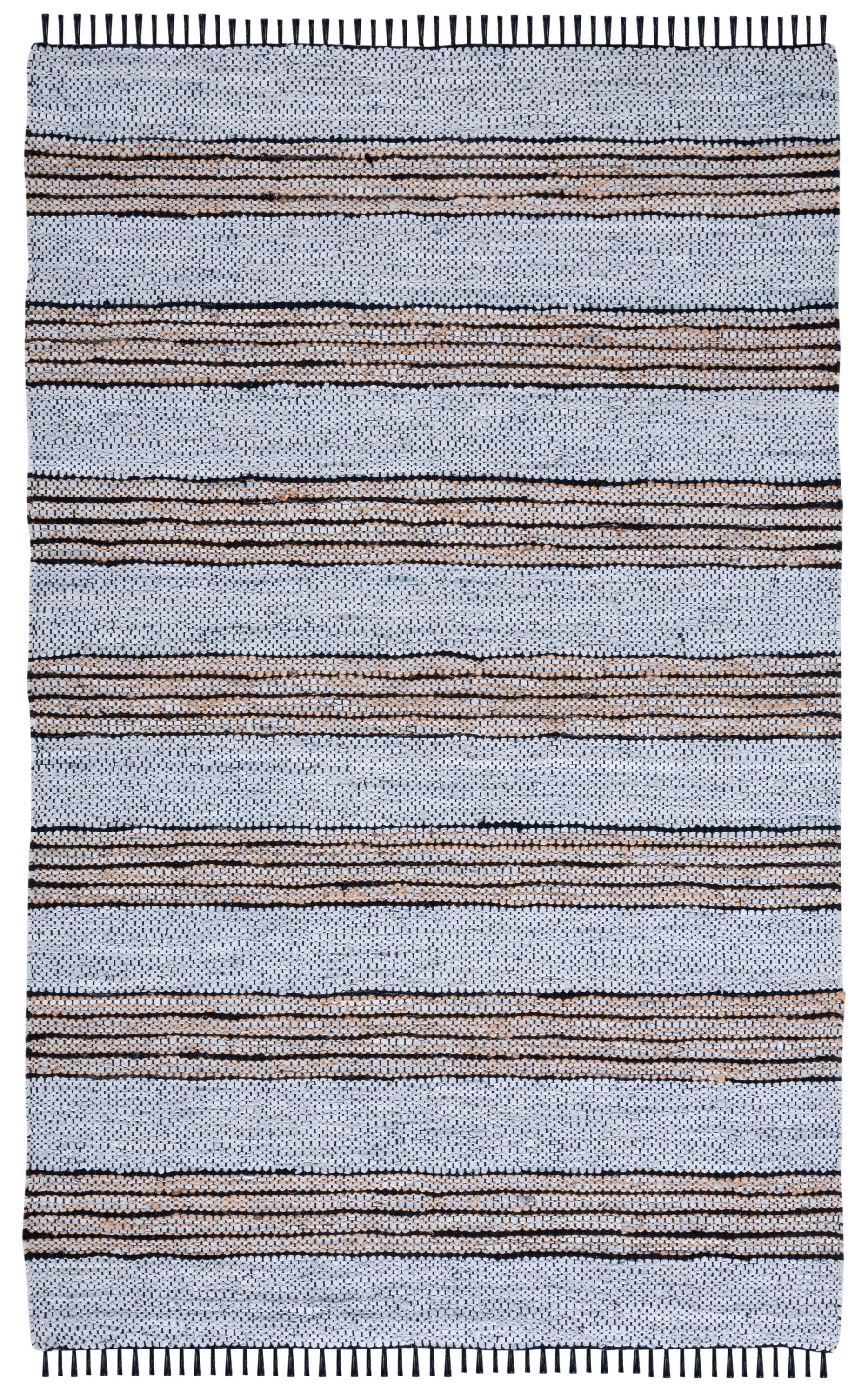 Vintage Leather Hand Woven 70% Leather, 25% Jute, And 10% Cotton Striped Rug