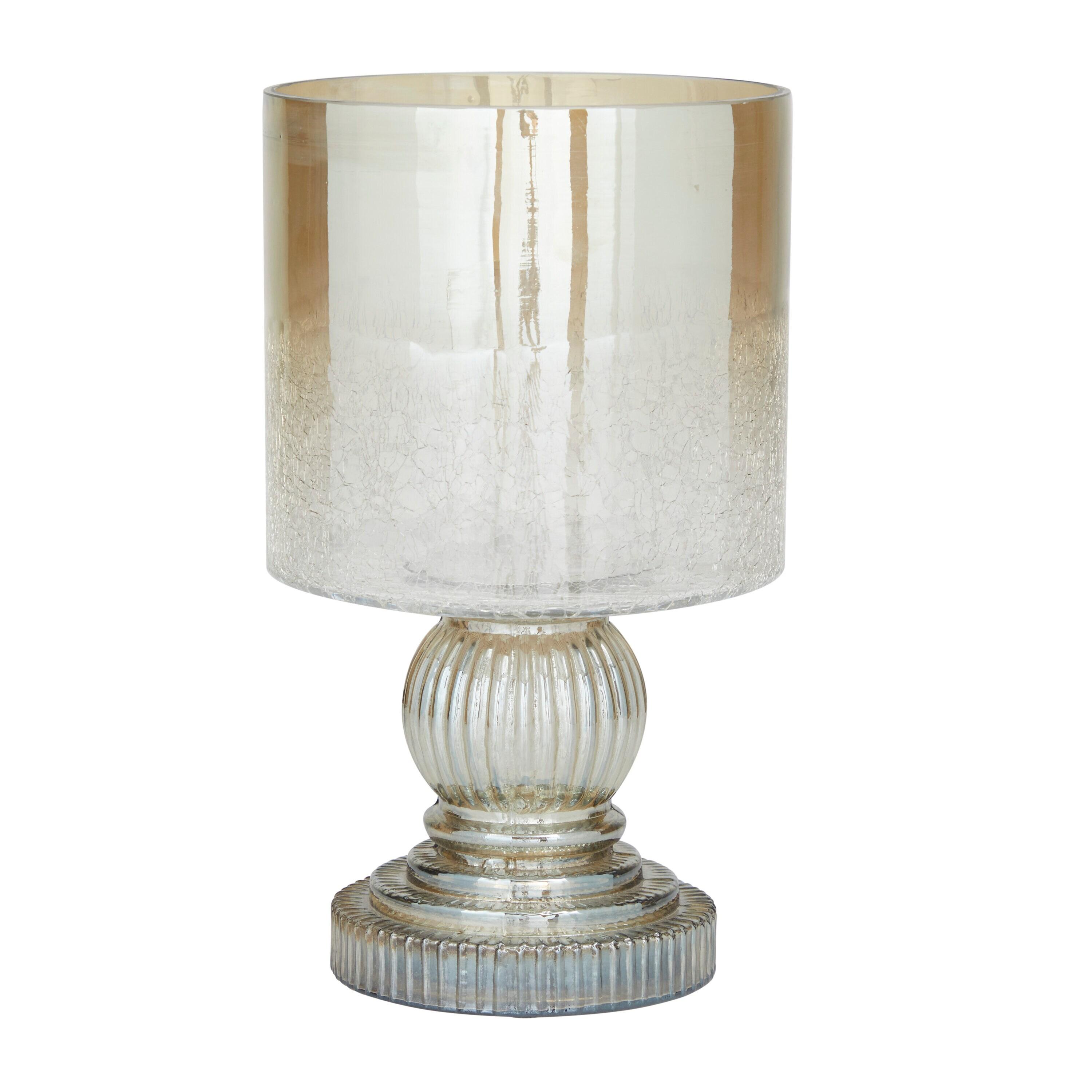 DecMode Brass Glass Handmade Turned Style Pillar Hurricane Lamp with Faux Mercury Glass Finish