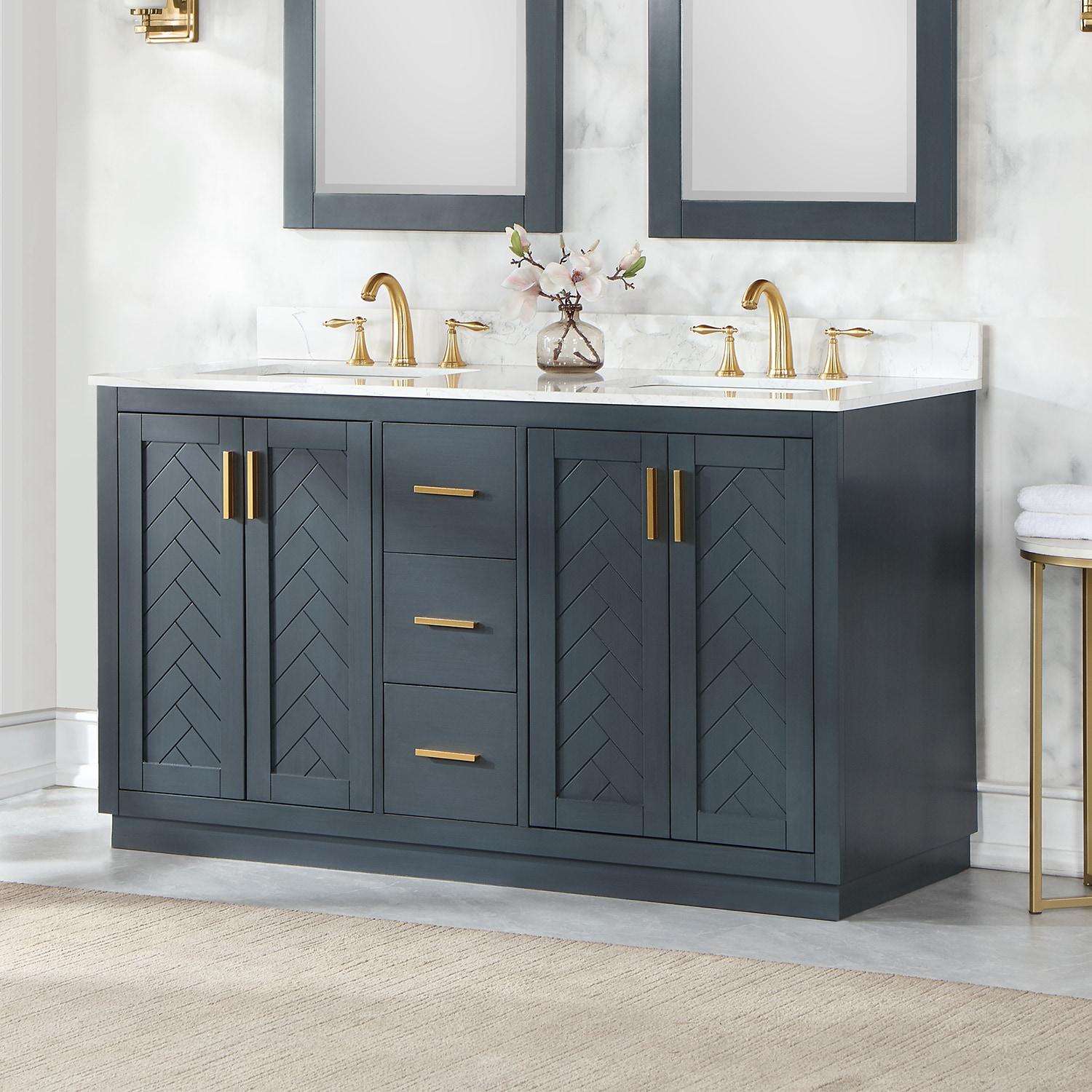 Gazsi 60" Double Bathroom Vanity Set in Charcoal Blue with Grain White Composite Stone Countertop without Mirror