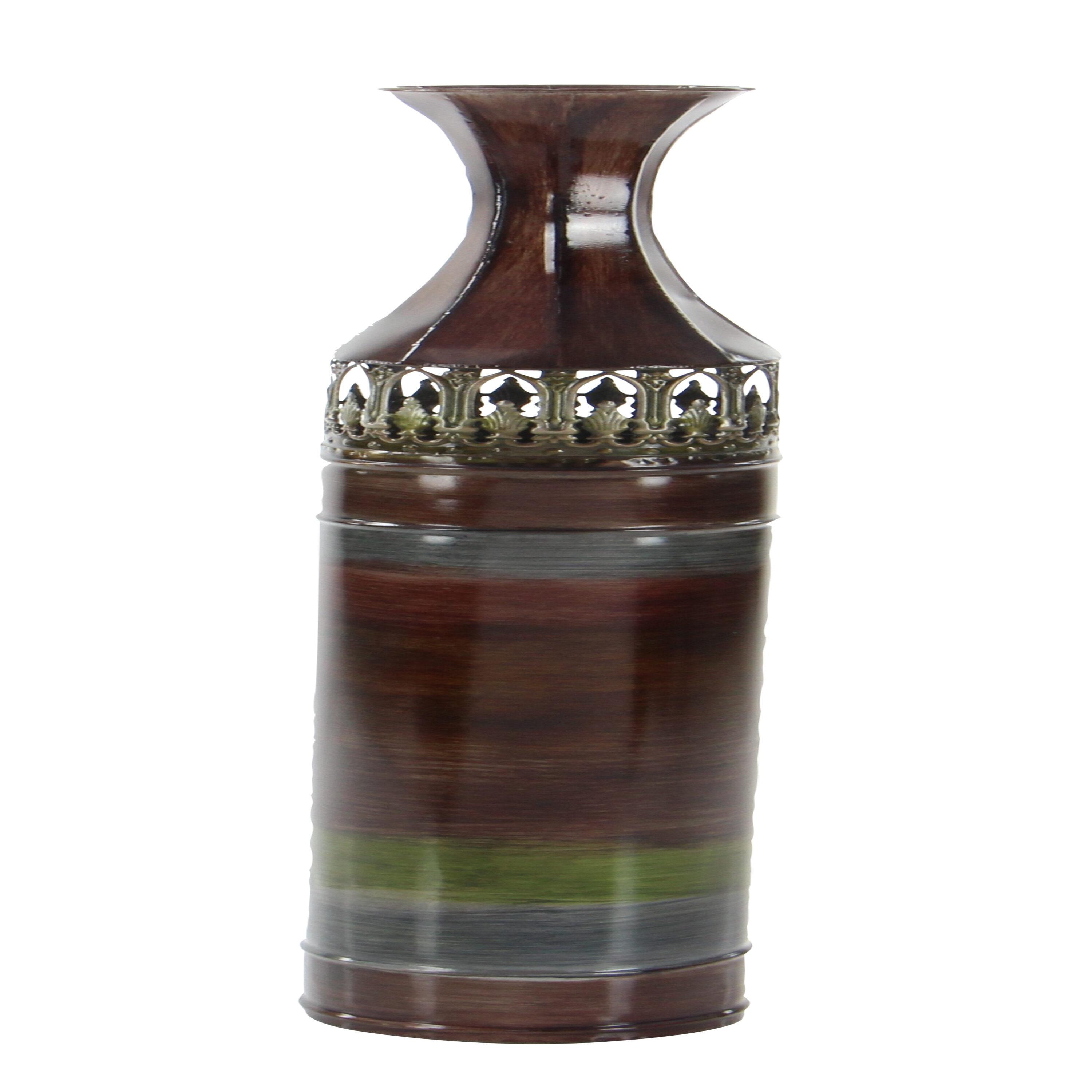 DecMode 34", 31", 28"H Tall Ombre Bronze Metal Vase with Laser Cut Antefix Design, Set of 3