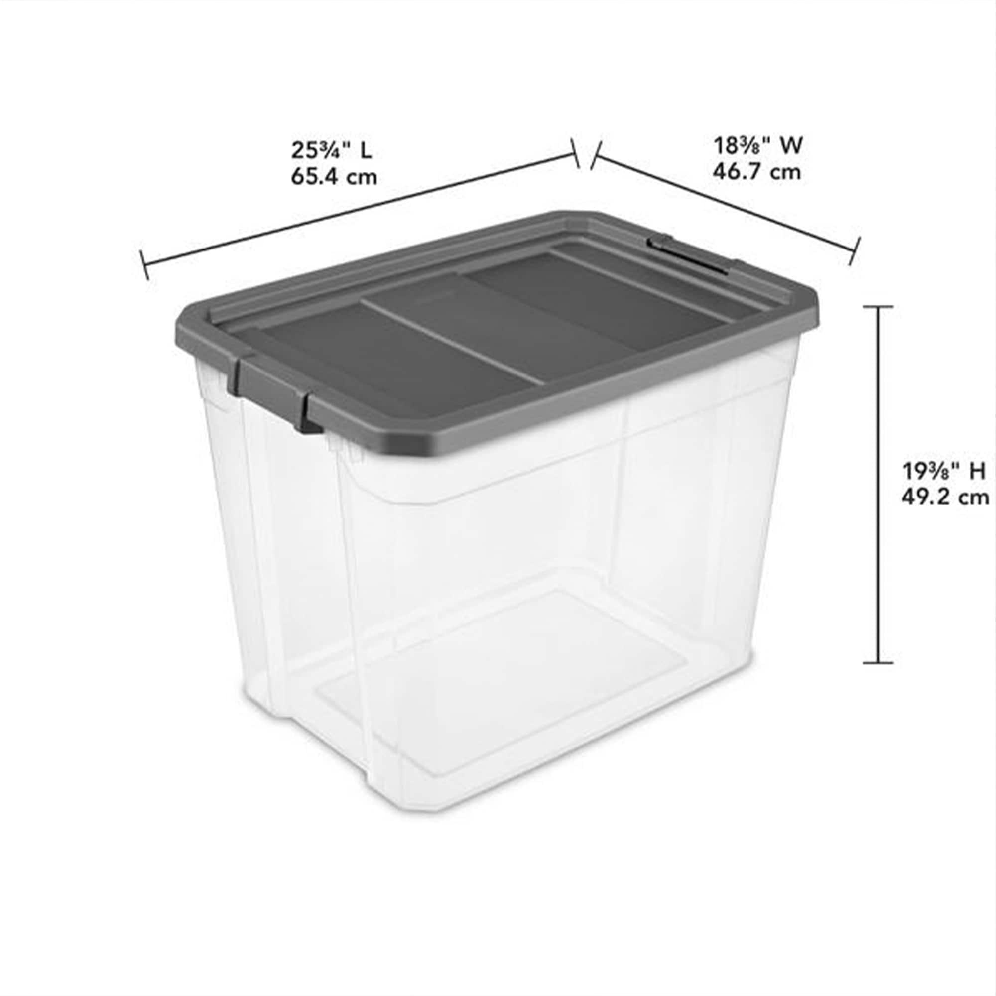 Sterilite 108 Quart Plastic Stacker Box, Lidded Storage Bin Container for Home and Garage Organizing, Shoes, Tools, Clear Base & Gray Lid, 8-Pack