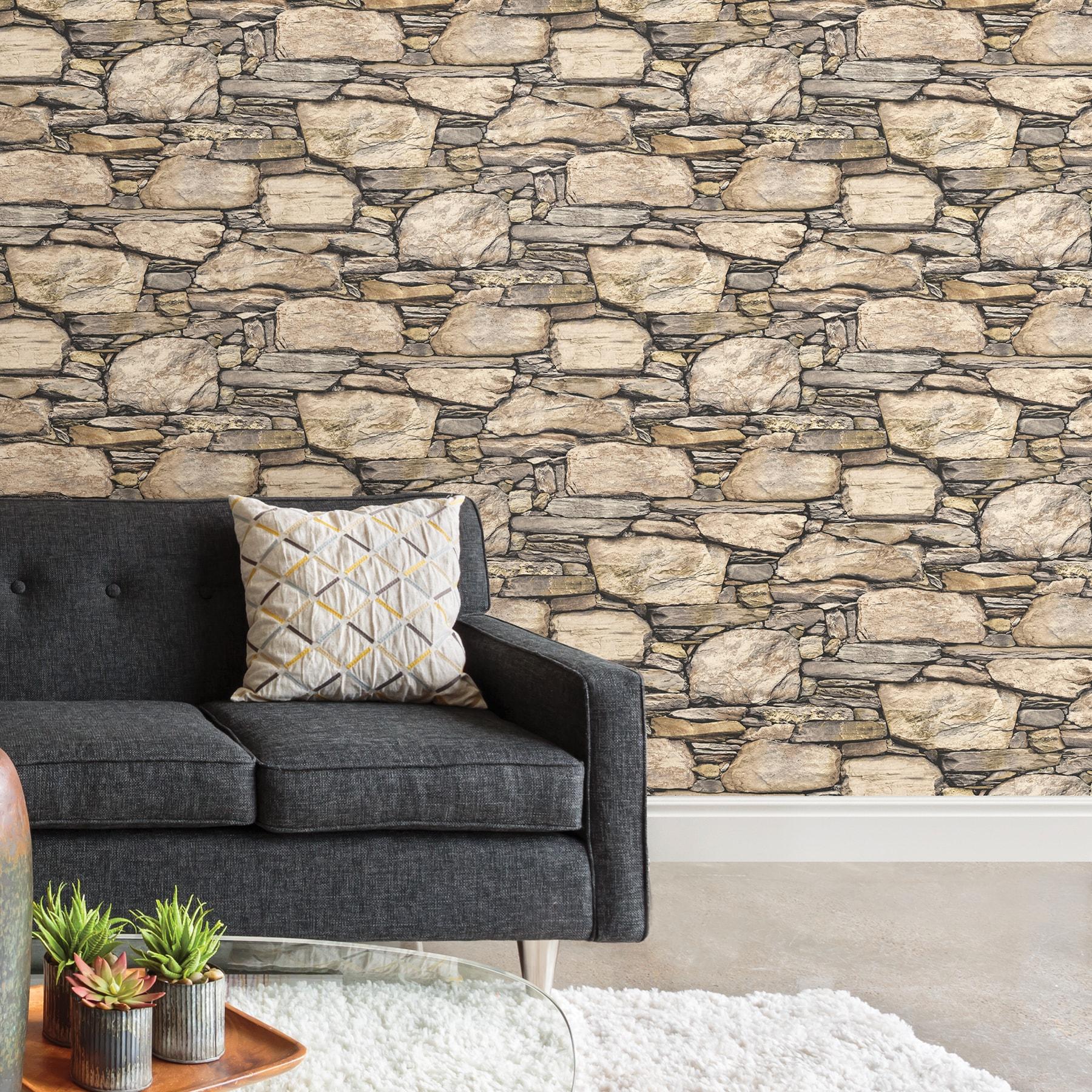 NuWallpaper Hadrian Stone Wall Vinyl Peel And Stick Wallpaper, 216-in by 20.5-in, 30.75 sq. ft.