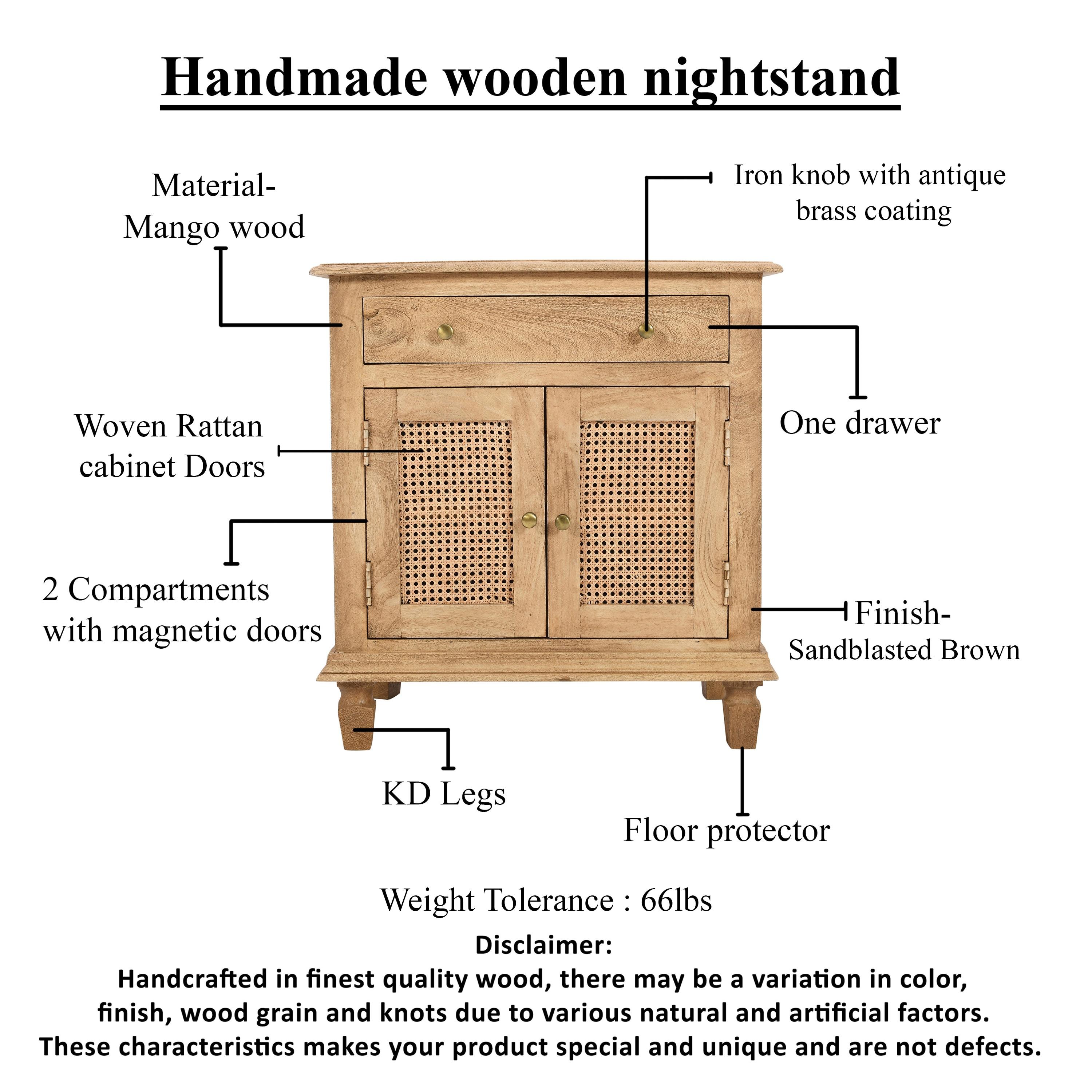 The Urban Port 30" Nightstand Table Rattan Cabinet Doors and Drawer Fronts Sandblasted Brown Mango Wood Brown