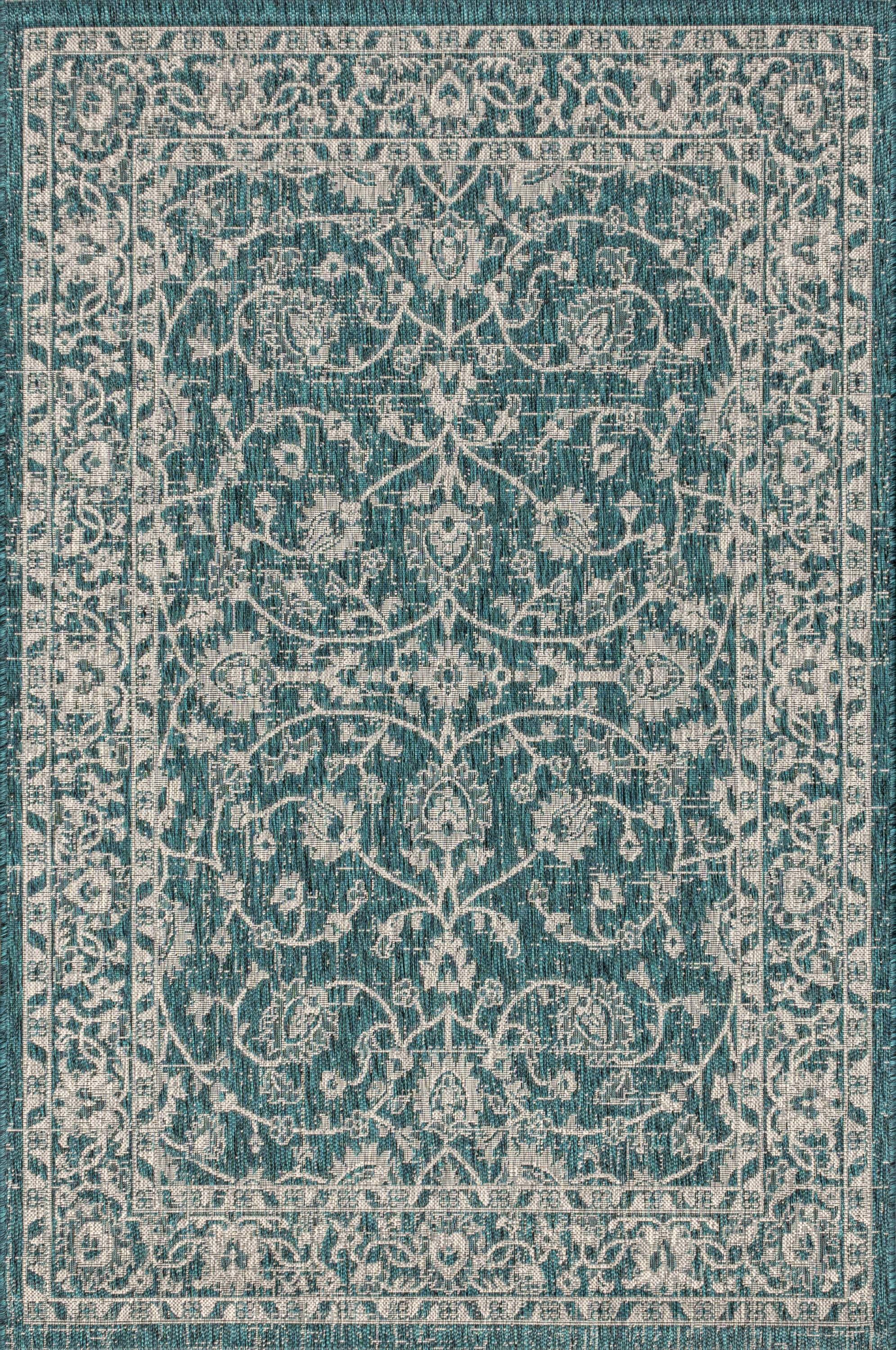 4'x6' Palazzo Vine and Border Textured Weave Indoor/Outdoor Area Rug, Teal/Gray - JONATHAN Y