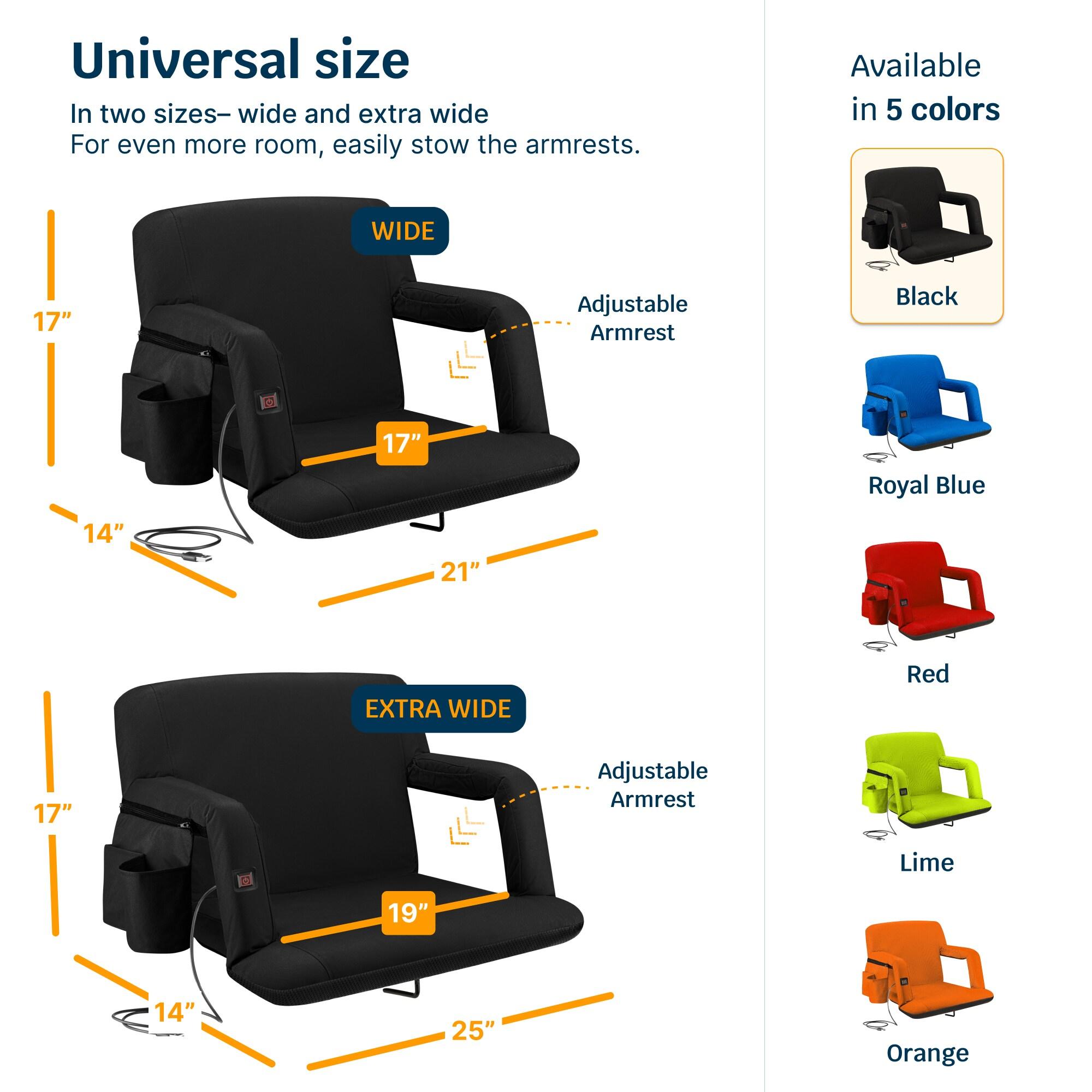 Extra Wide Heated Reclining Stadium Seat - Waterproof Foldable Chair, Thick Padding & Back Support