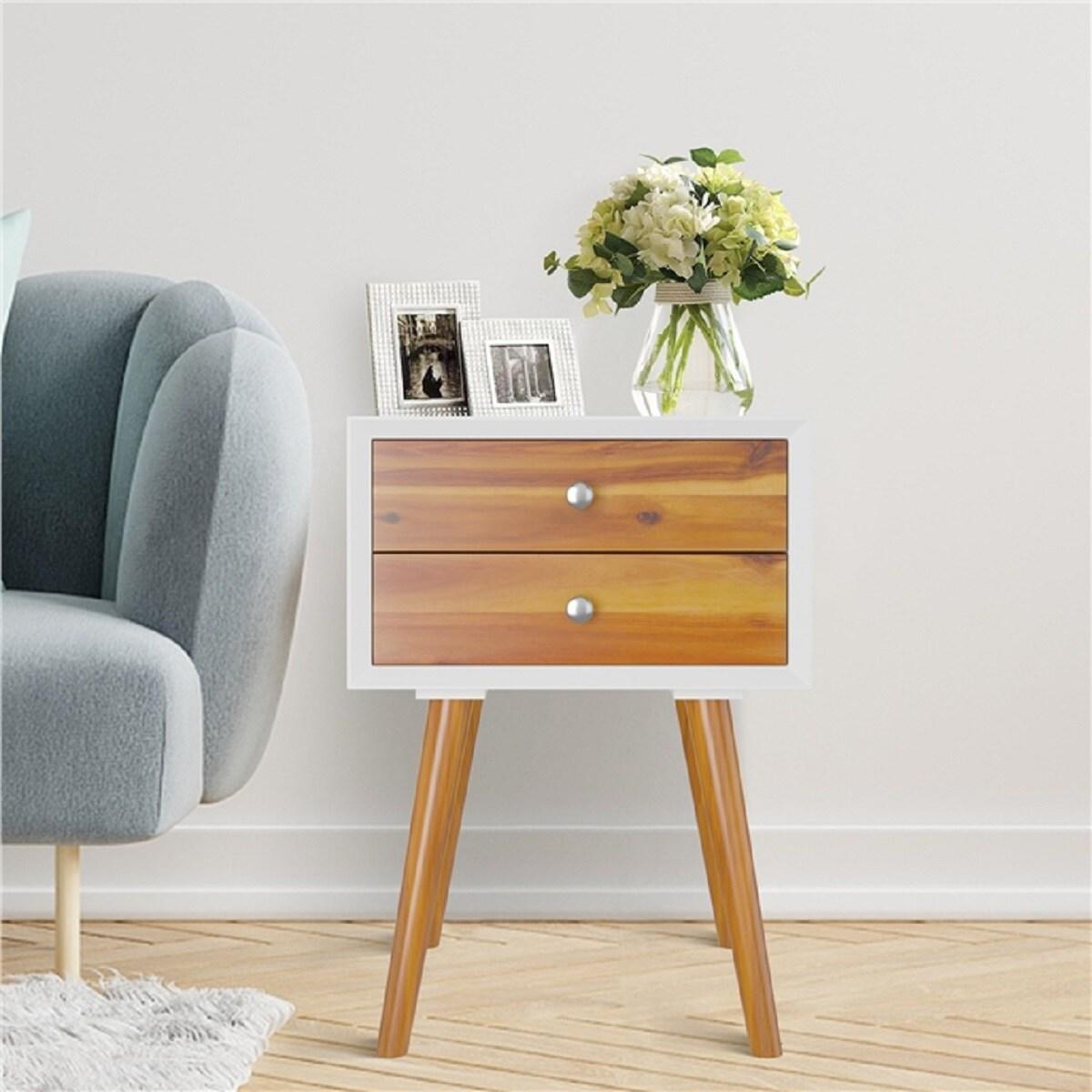Giantex Mid Century Modern Nightstand, Wooden Bedside Tables w/ 2 Storage Drawers & Solid Wood Legs, Practical End Side Table for Living Room Bedroom, White & Walnut