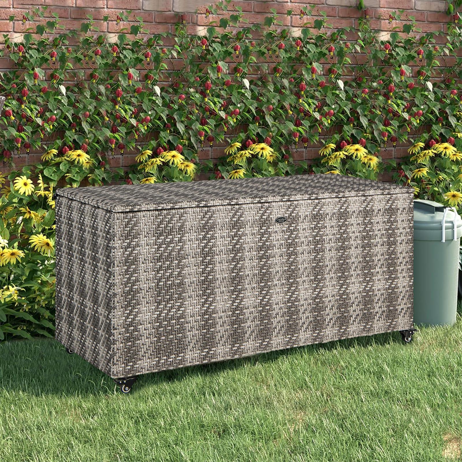 Costway 96 Gallon Patio Rattan Storage Deck Box Container Garden Liner Wheels Mix Grey