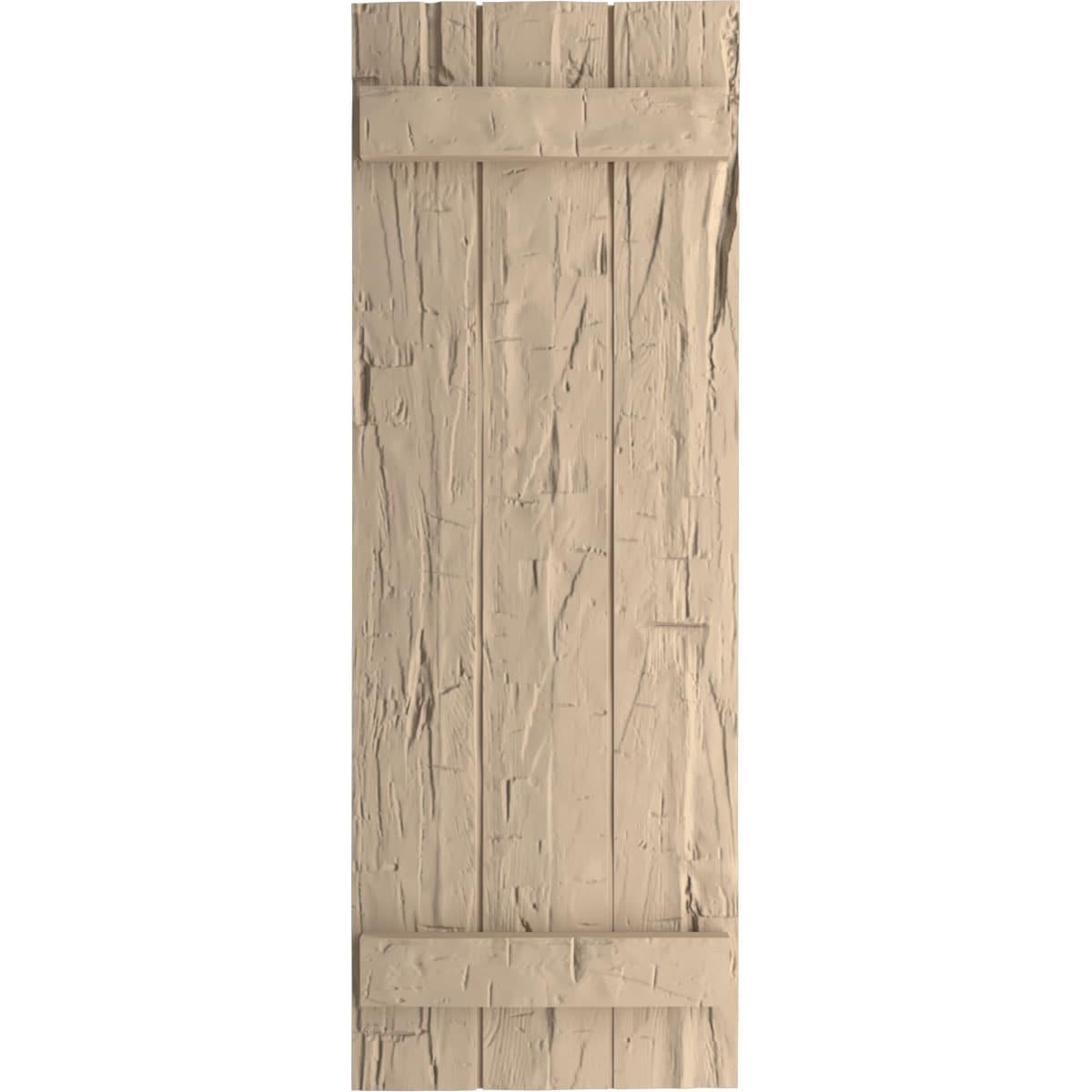 Ekena Millwork 16 1/2"W x 38"H Rustic Three Board Joined Board-n-Batten Hand Hewn Faux Wood Shutters (Per Pair), Primed Tan