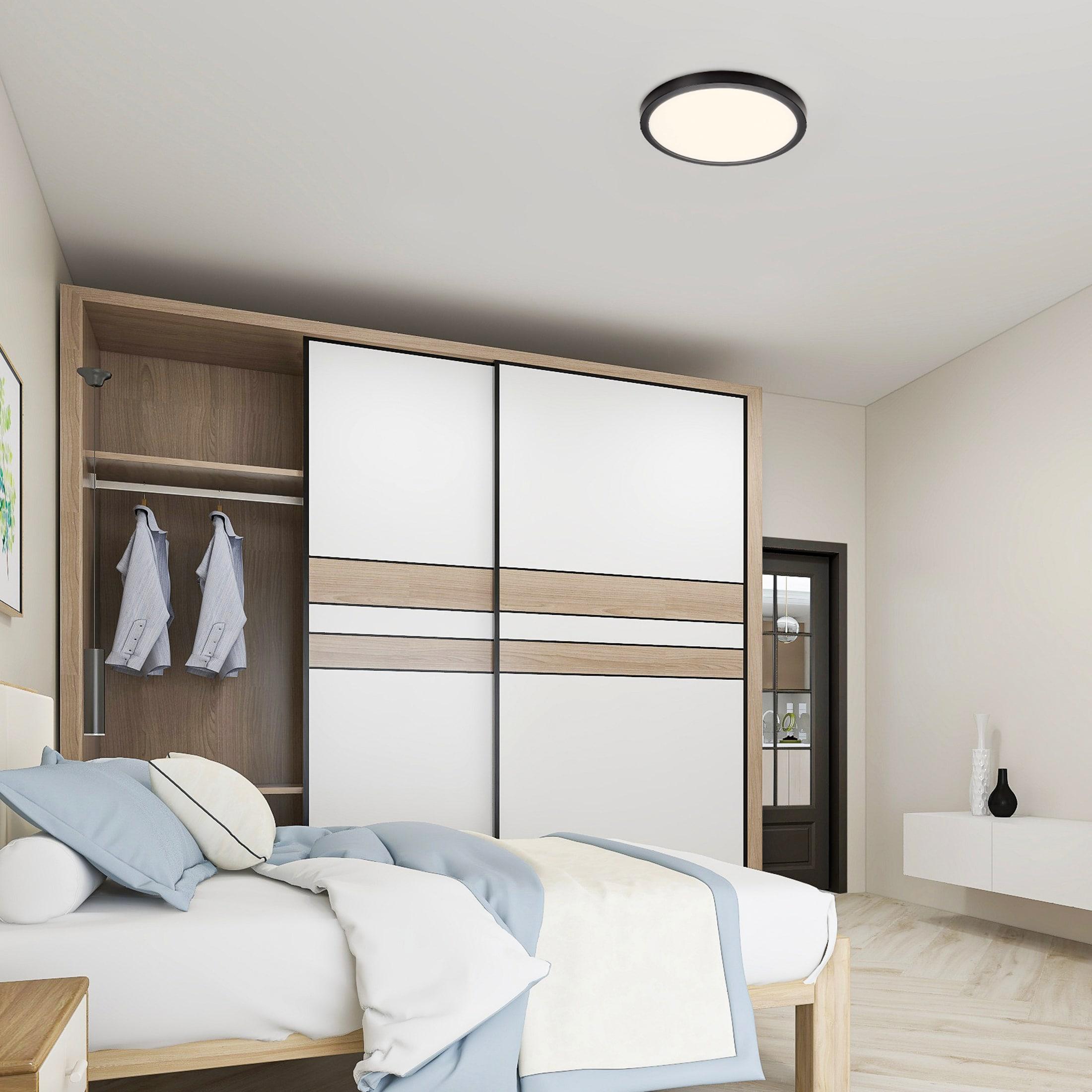 Maxxima 14 in. LED Flush Mount Ceiling Light, 5 CCT 2700K-5000K, 2400 Lumens, Traditional Indoor Black Trim Round Panel Light, Dimmable