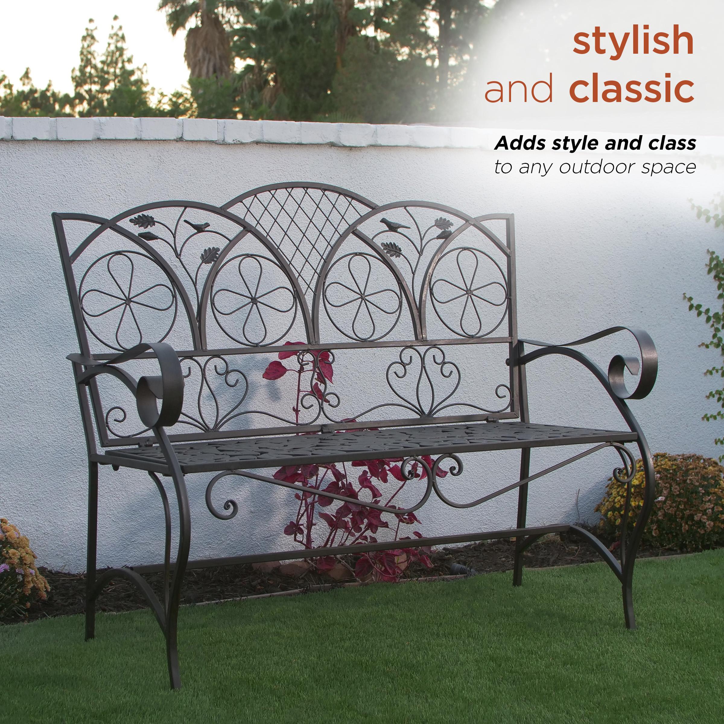 38" x 45" Iron Birds and Leaves Outdoor Garden Bench Brown - Alpine Corporation: Weatherproof, Decorative Yard Seating