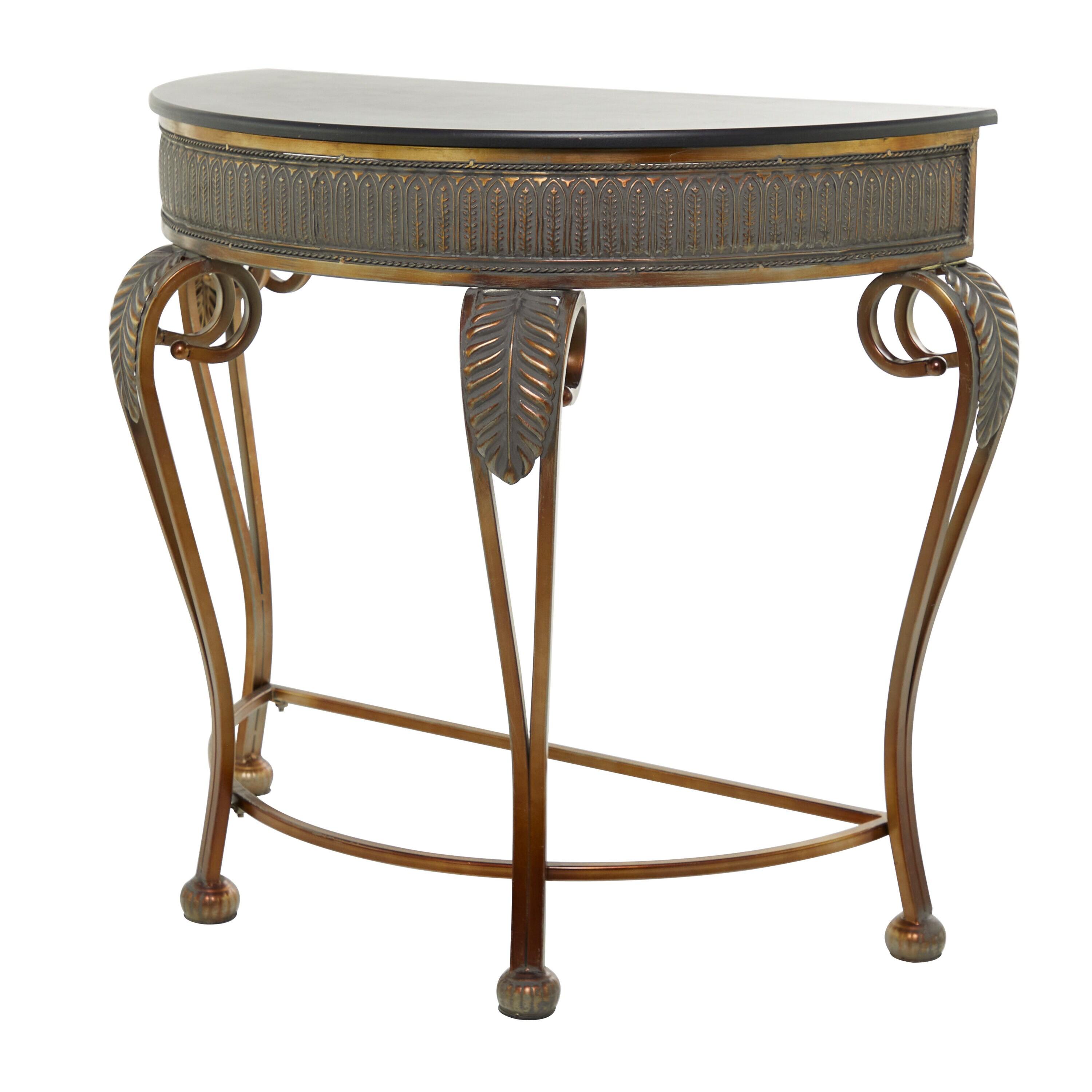 Allura Metal Embossed Leaf Console Table with Ornate Scroll Legs