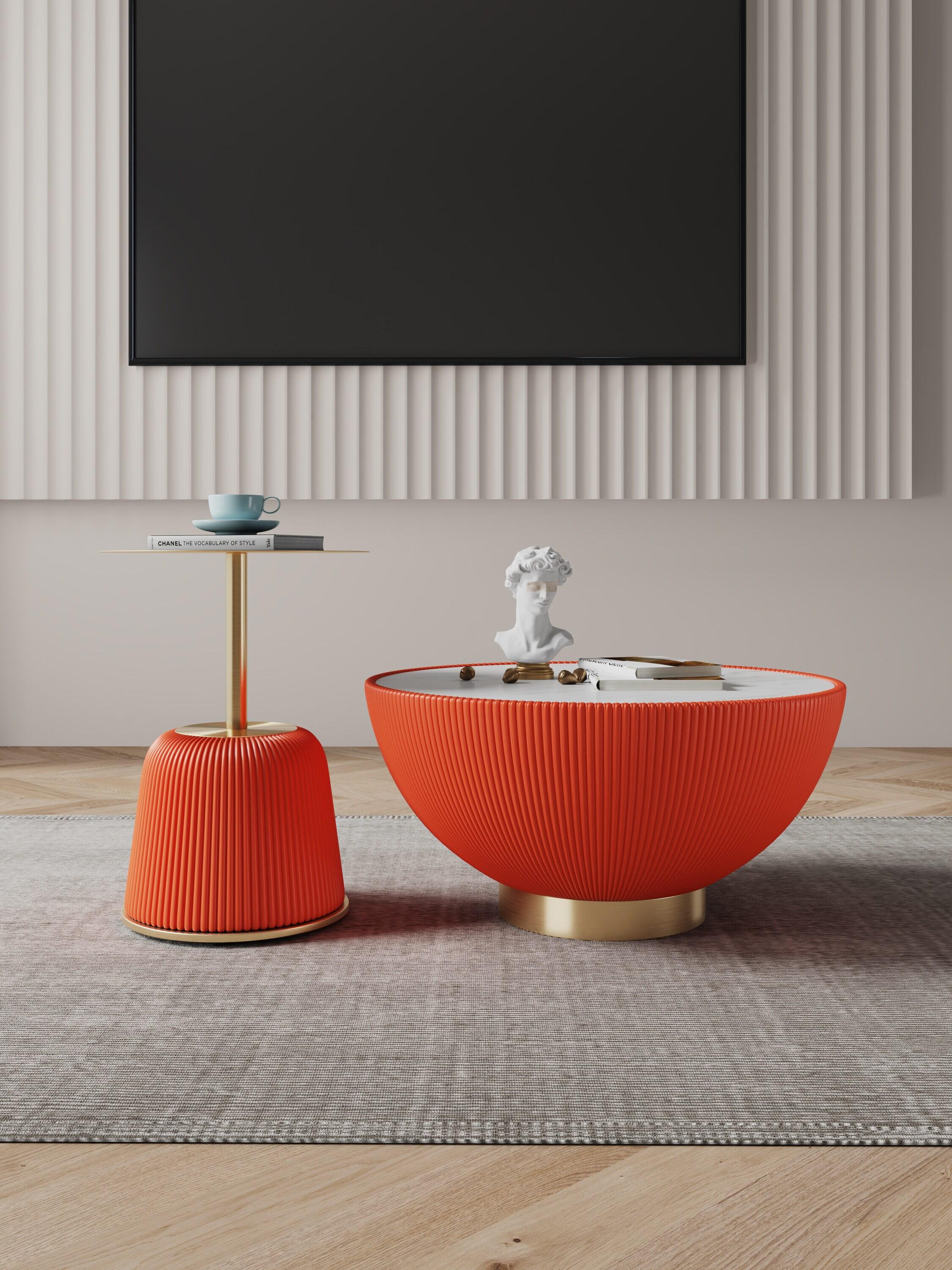 Manhattan Comfort 2pc Anderson Leatherette Upholstered Coffee Table and End Table with Metal Top Set Orange: Stainless Steel & Faux Marble