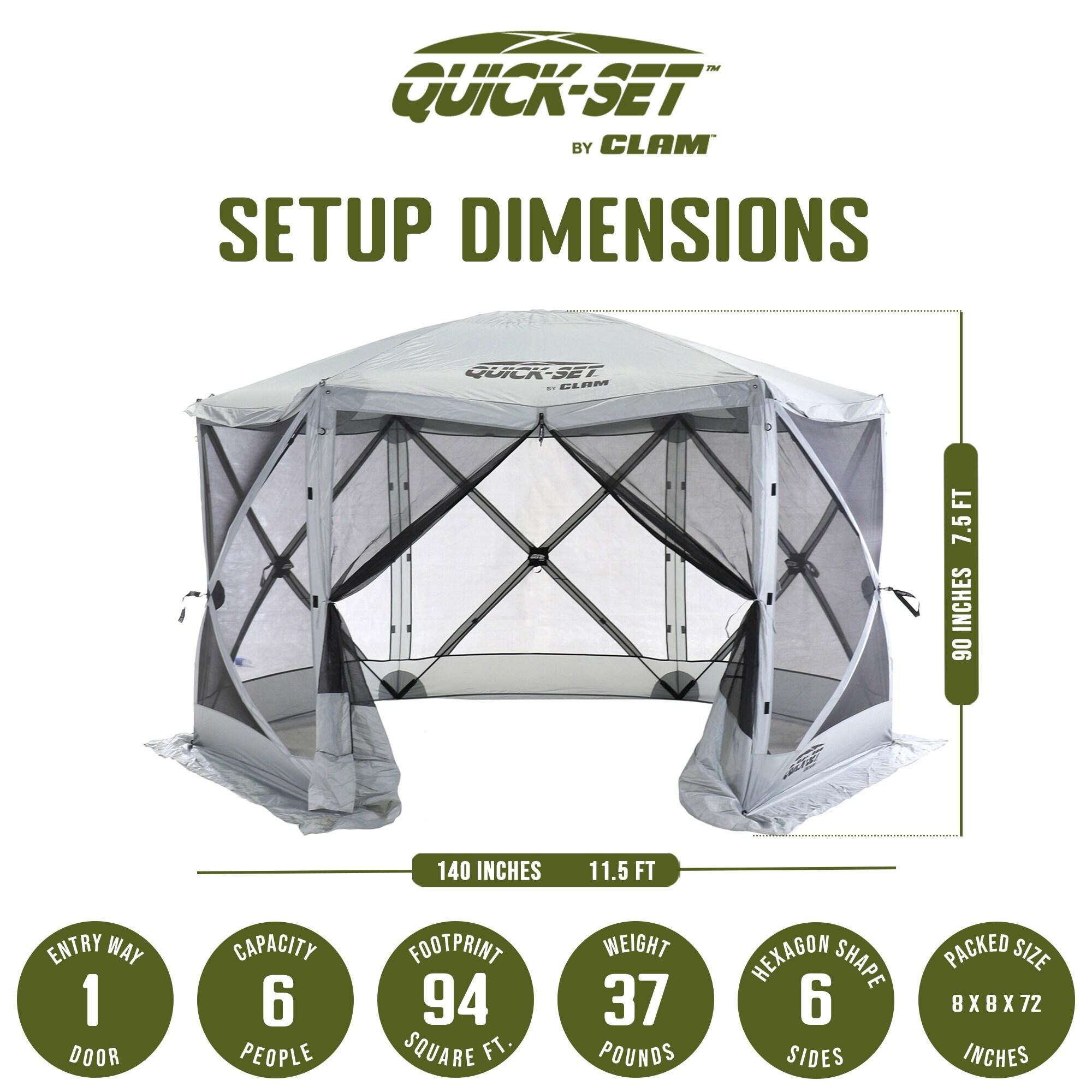 CLAM Quick-Set Escape 11.5 x 11.5 Ft Portable Pop-Up Outdoor Camping Screen Tent 6-Sided Canopy Shelter w/ Netting, Ground Stakes, & Carry Bag, Gray