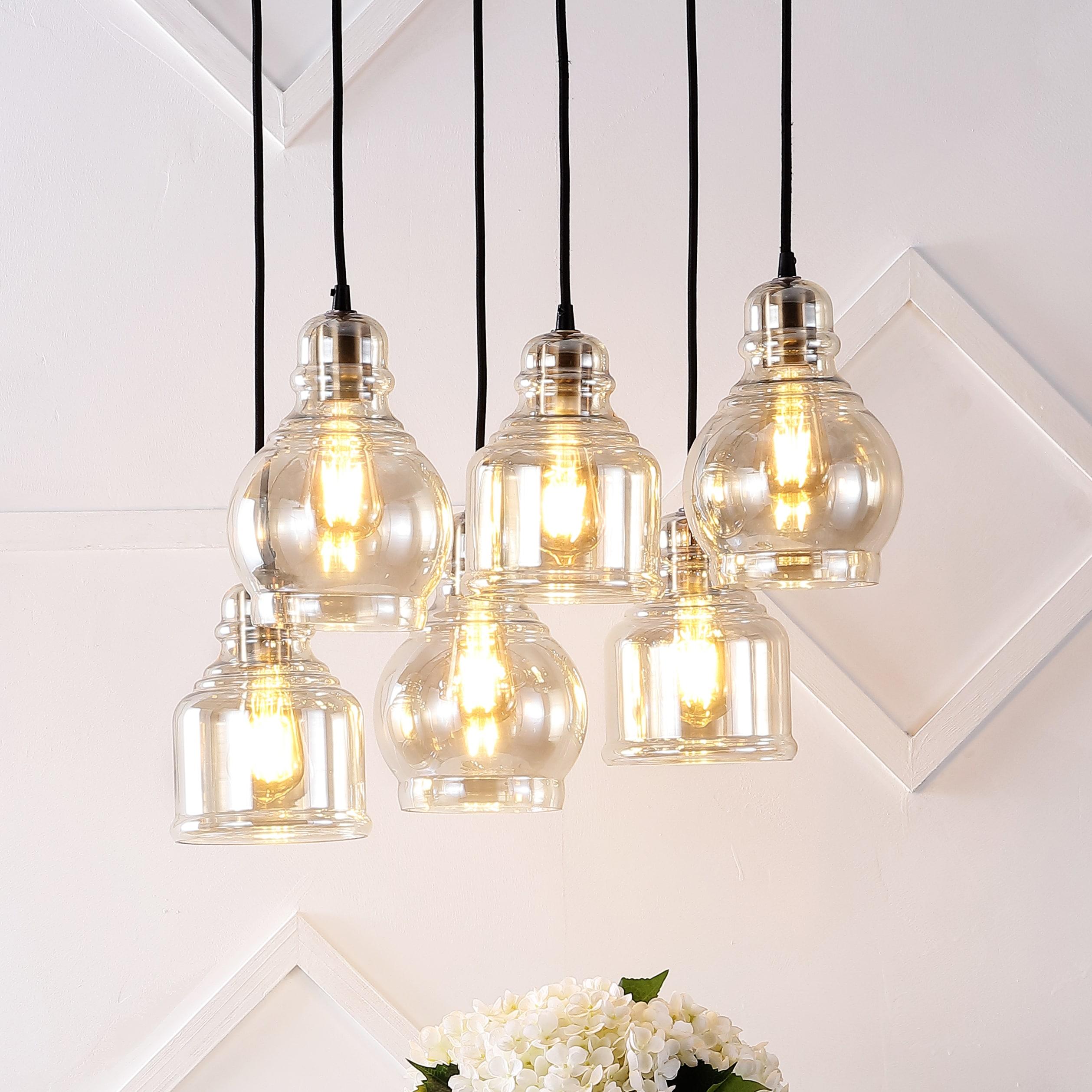 Sydney 18.88" 6-Light Bohemian Farmhouse Iron/Glass Cluster LED Pendant, Nickel/Champagne