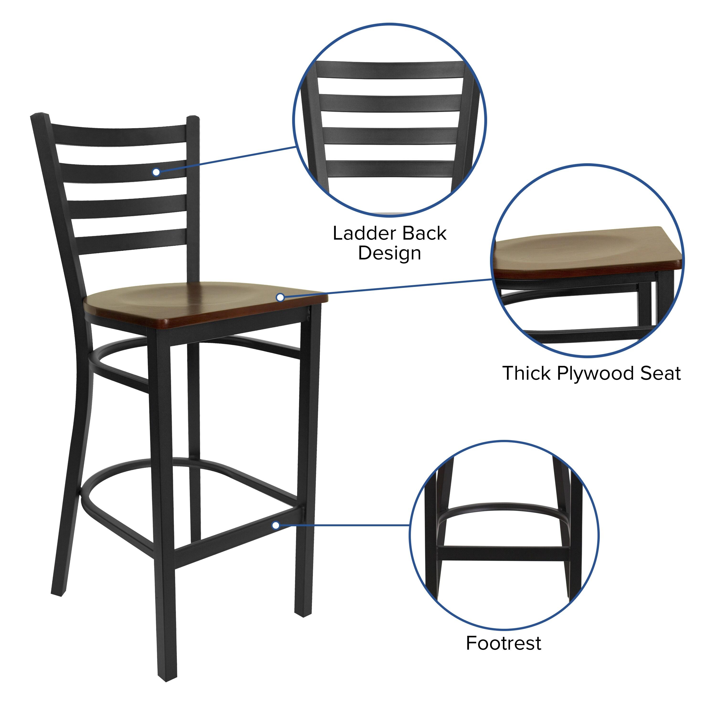 Flash Furniture HERCULES Series Black Ladder Back Metal Restaurant Barstool - Mahogany Wood Seat