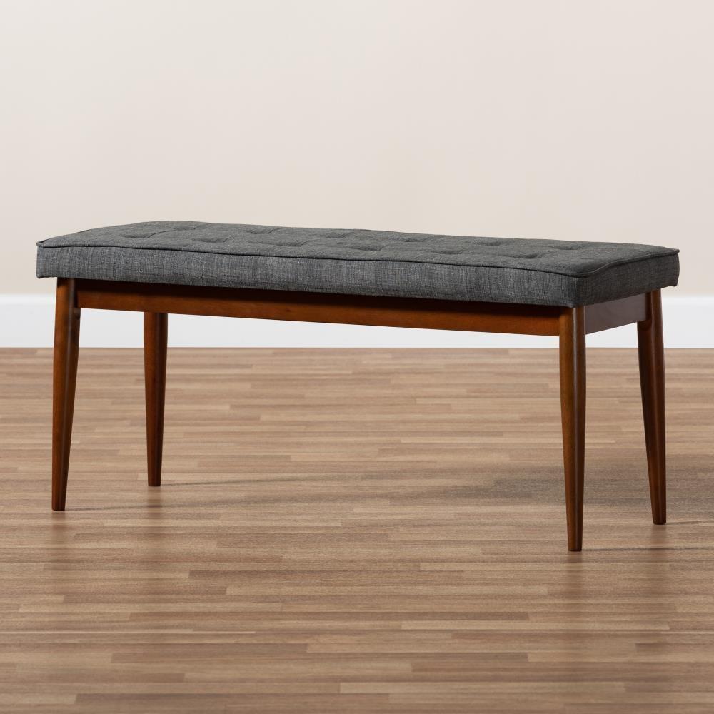 George Oliver Ayala Mid-Century Modern Dining Bench with Medium Oak Finish and Dark Grey Fabric Upholstery