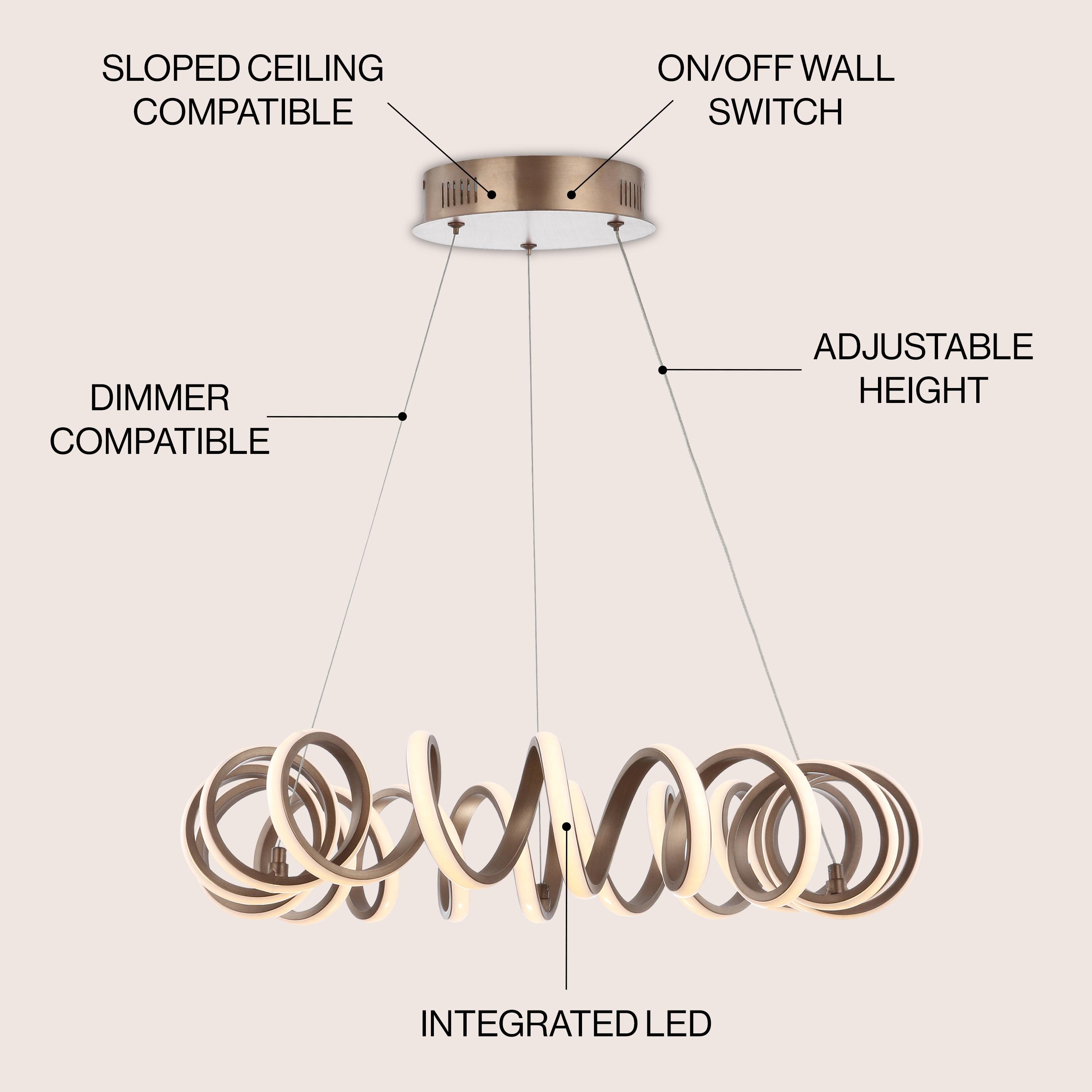 Cursive 24" Adjustable Spiral Integrated LED Metal Chandelier Ceiling Light, Coffee