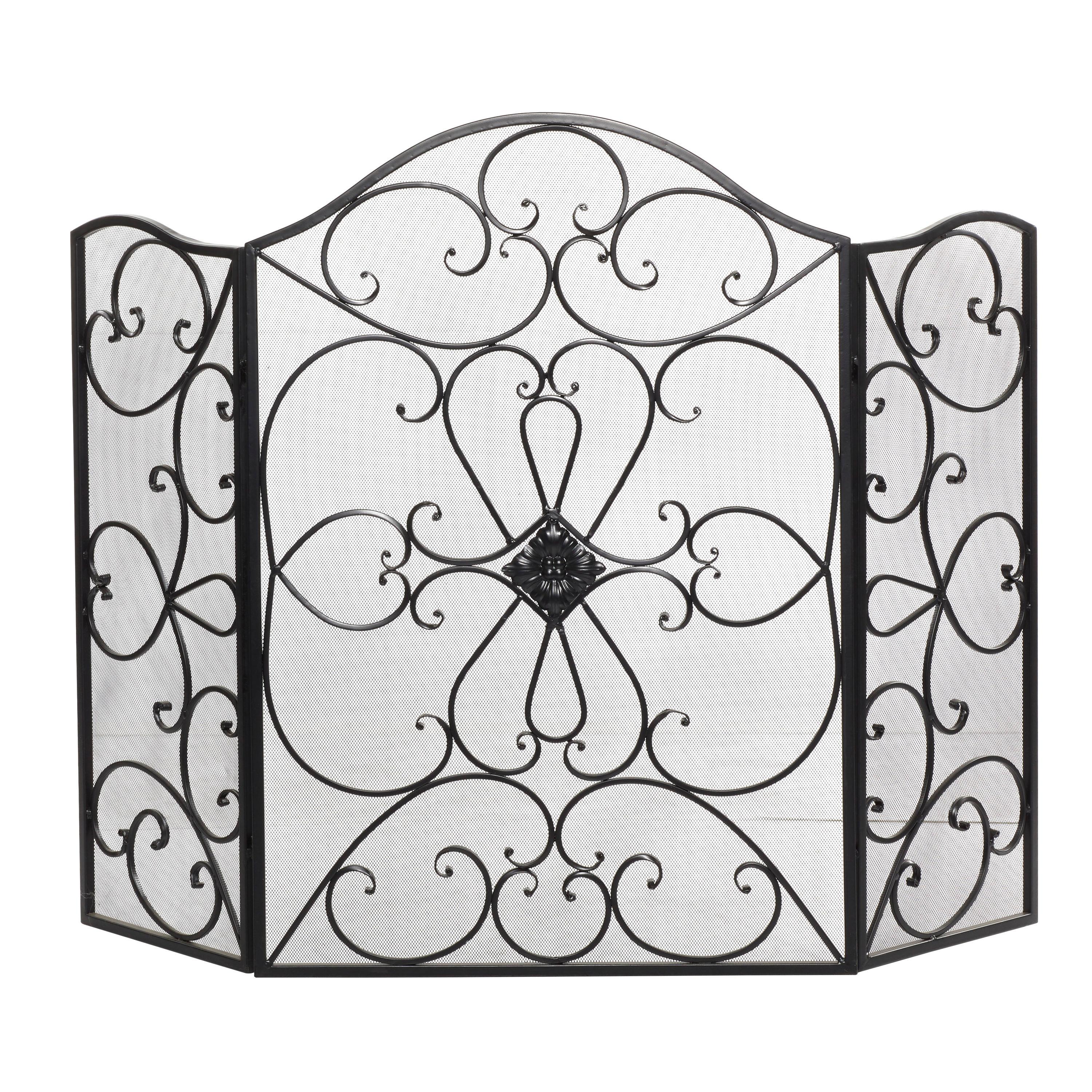 DecMode 49" x 36" Black Metal Foldable 3 Panel Scroll Fireplace Screen with Mesh Netting, 1-Piece