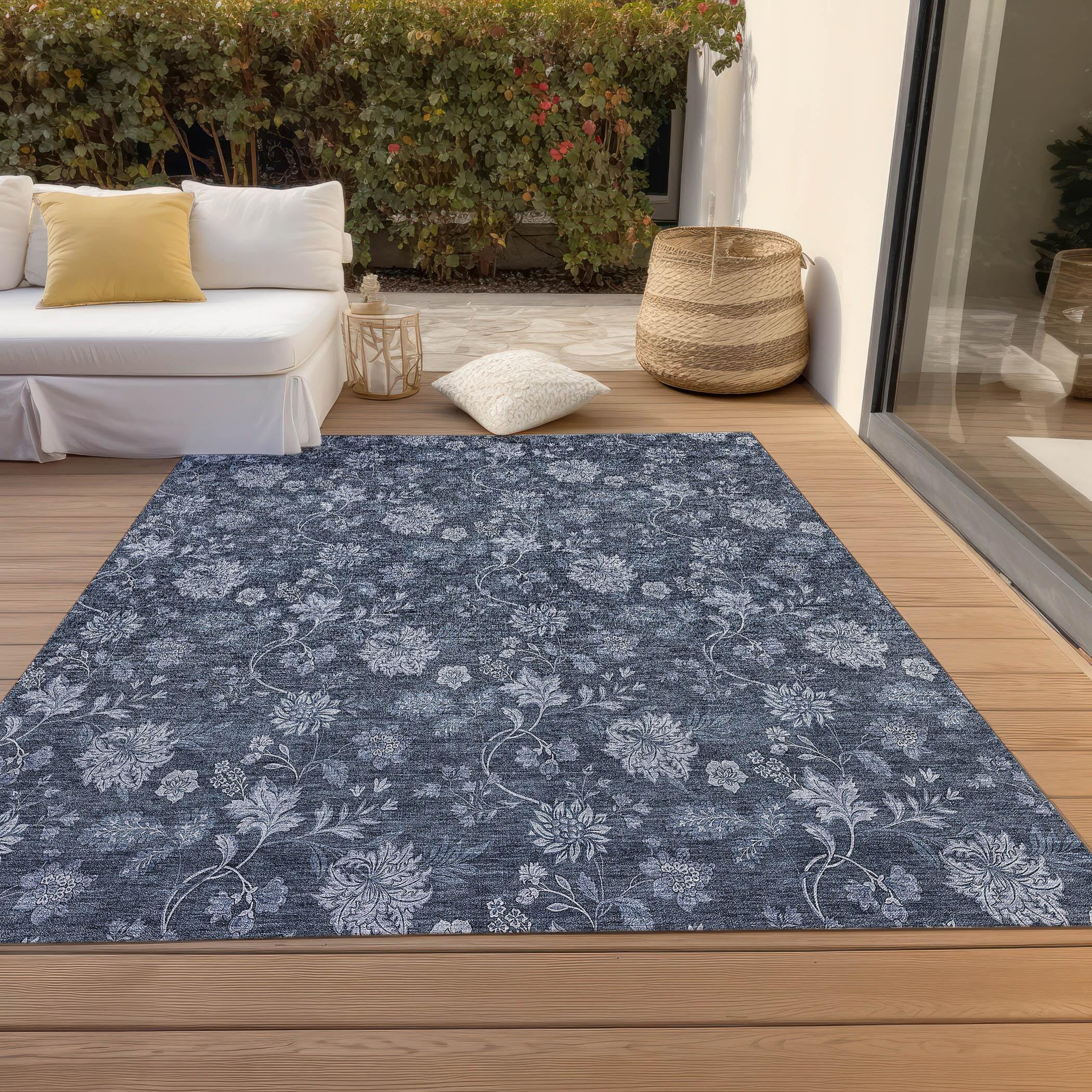 Blue Floral Synthetic Rectangular 8' x 10' Washable Rug