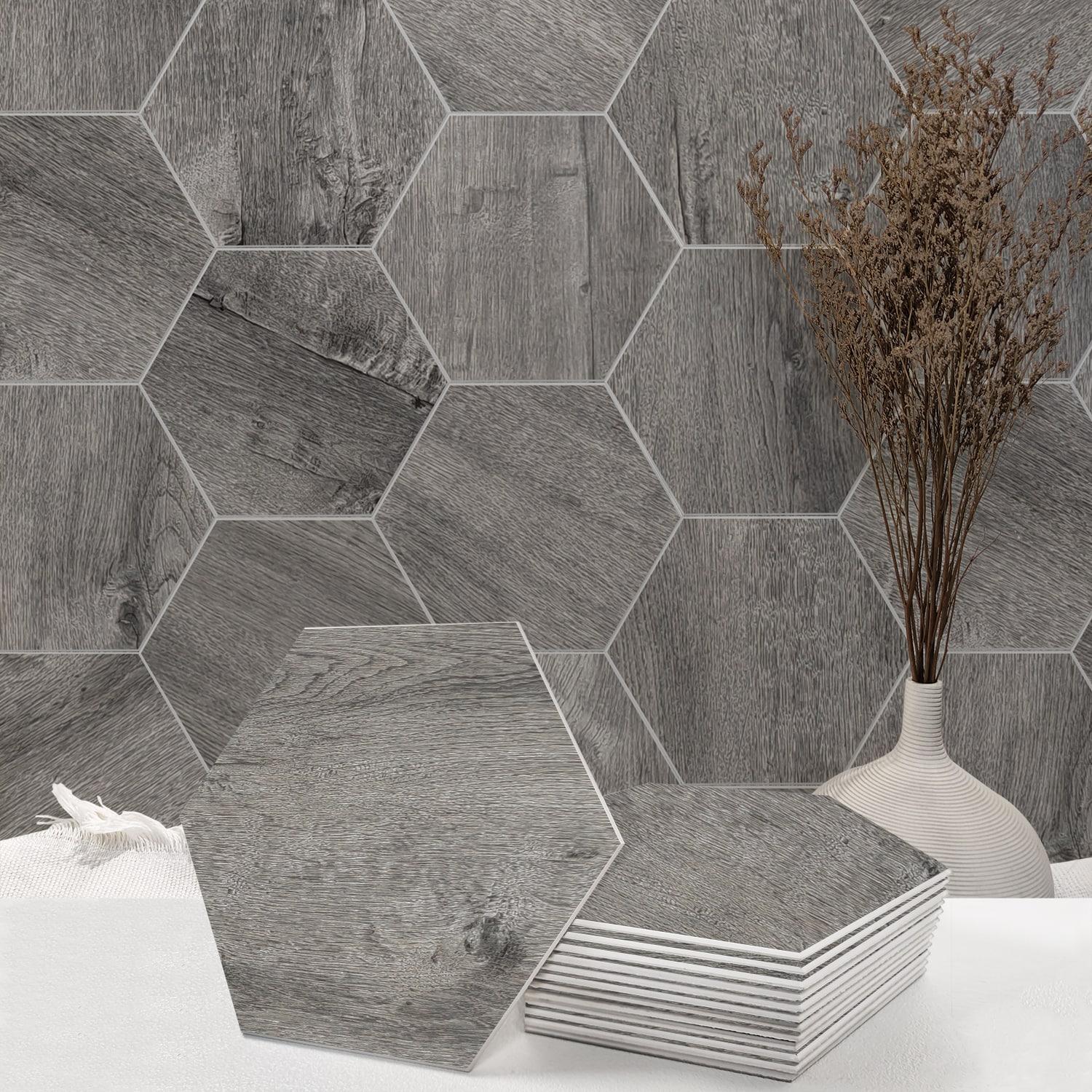 Hexagon Gray Wood Grain Peel and Stick Wall Tile