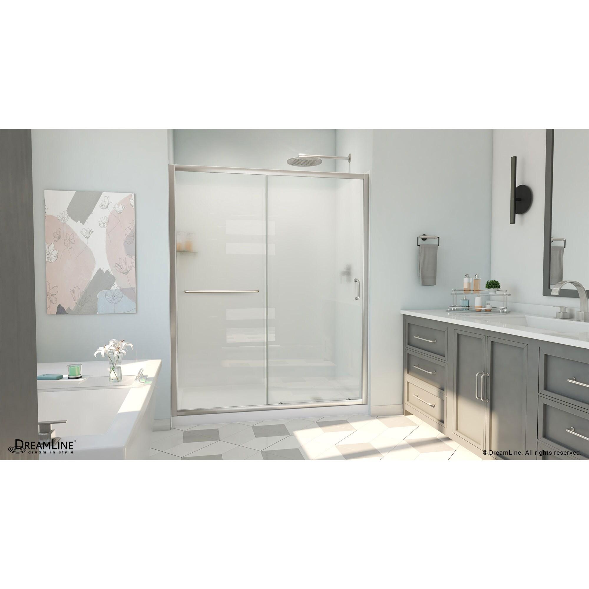 Infinity-Z Brushed Nickel Sliding Shower Door with White Acrylic Wall Kit