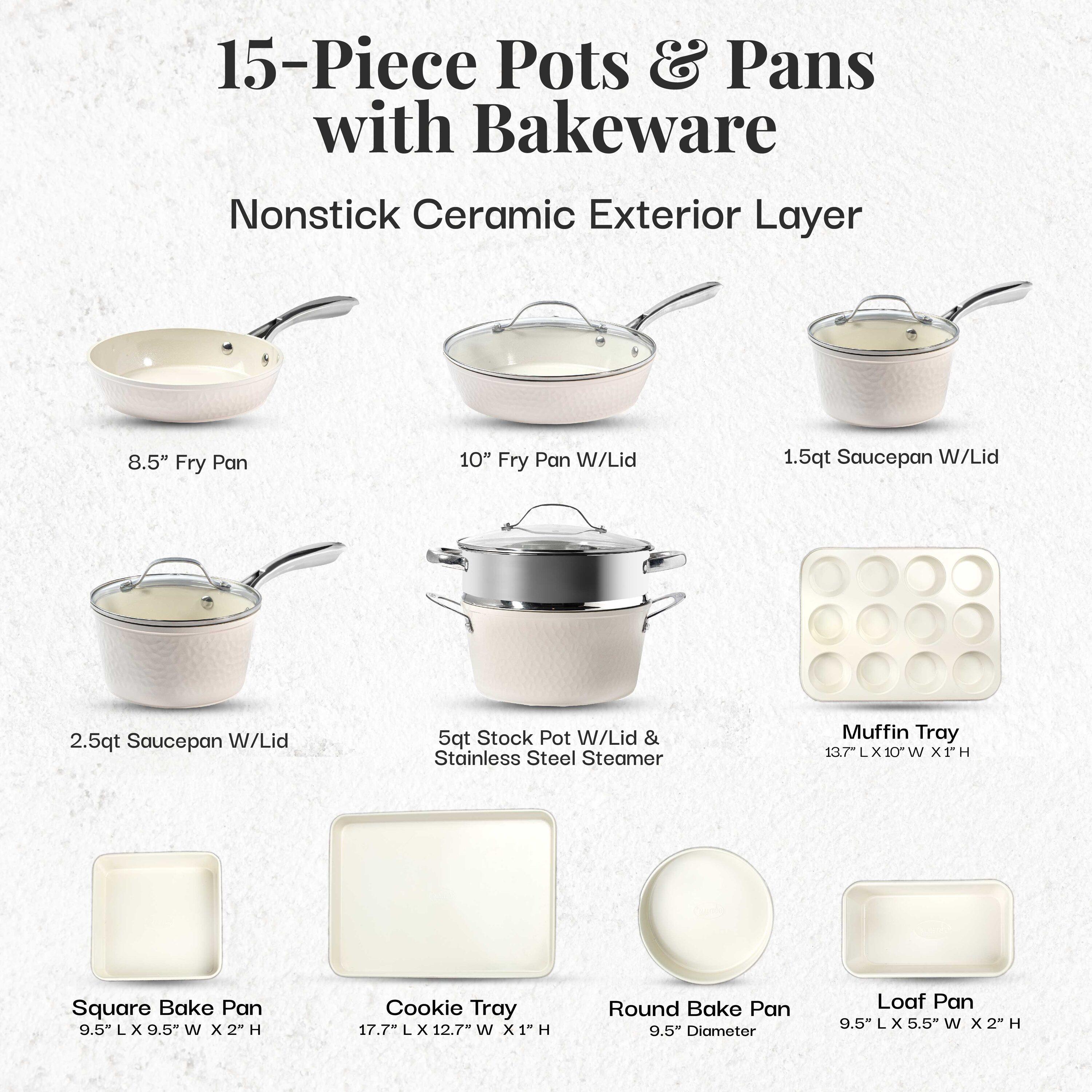 Gotham Steel Nonstick Pots and Pans 15 Piece Set Ceramic Cookware Kitchen Set Hammered Includes Frying Skillet, Cream