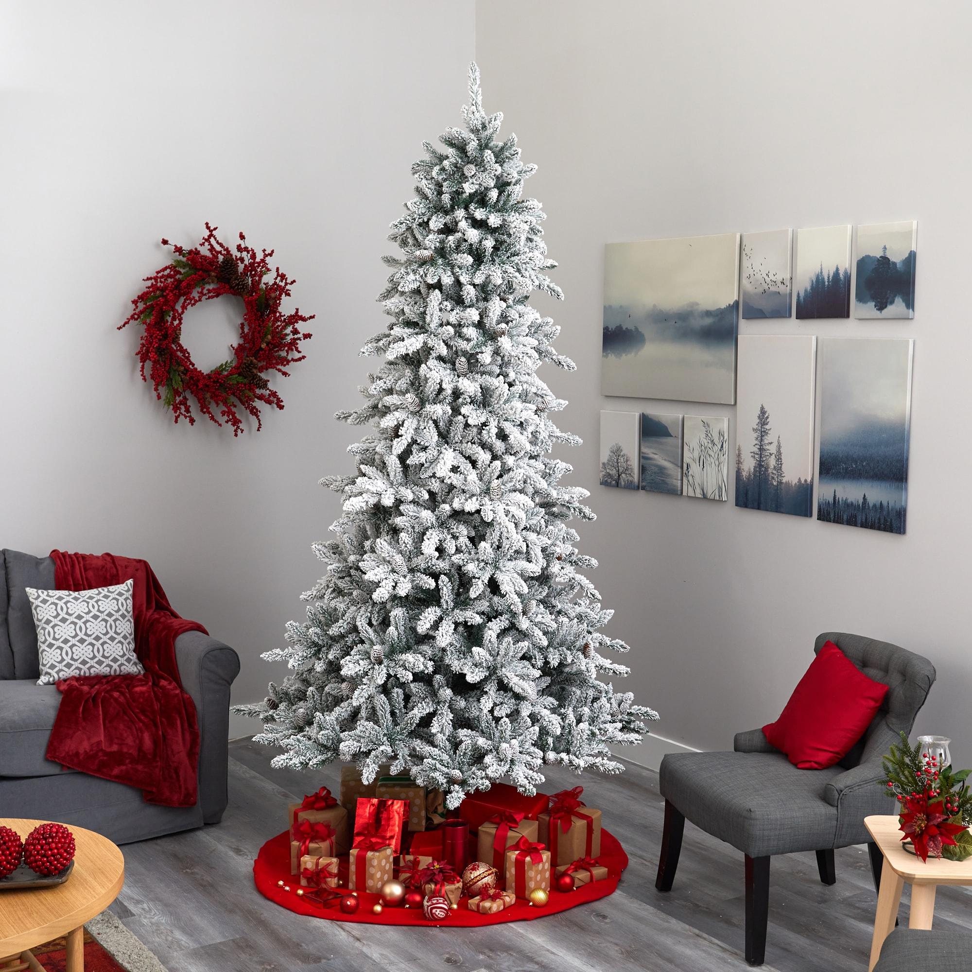 Nearly Natural 9' Flocked Fir Artificial Christmas Tree Prelit with 650 Clear Warm LED Lights