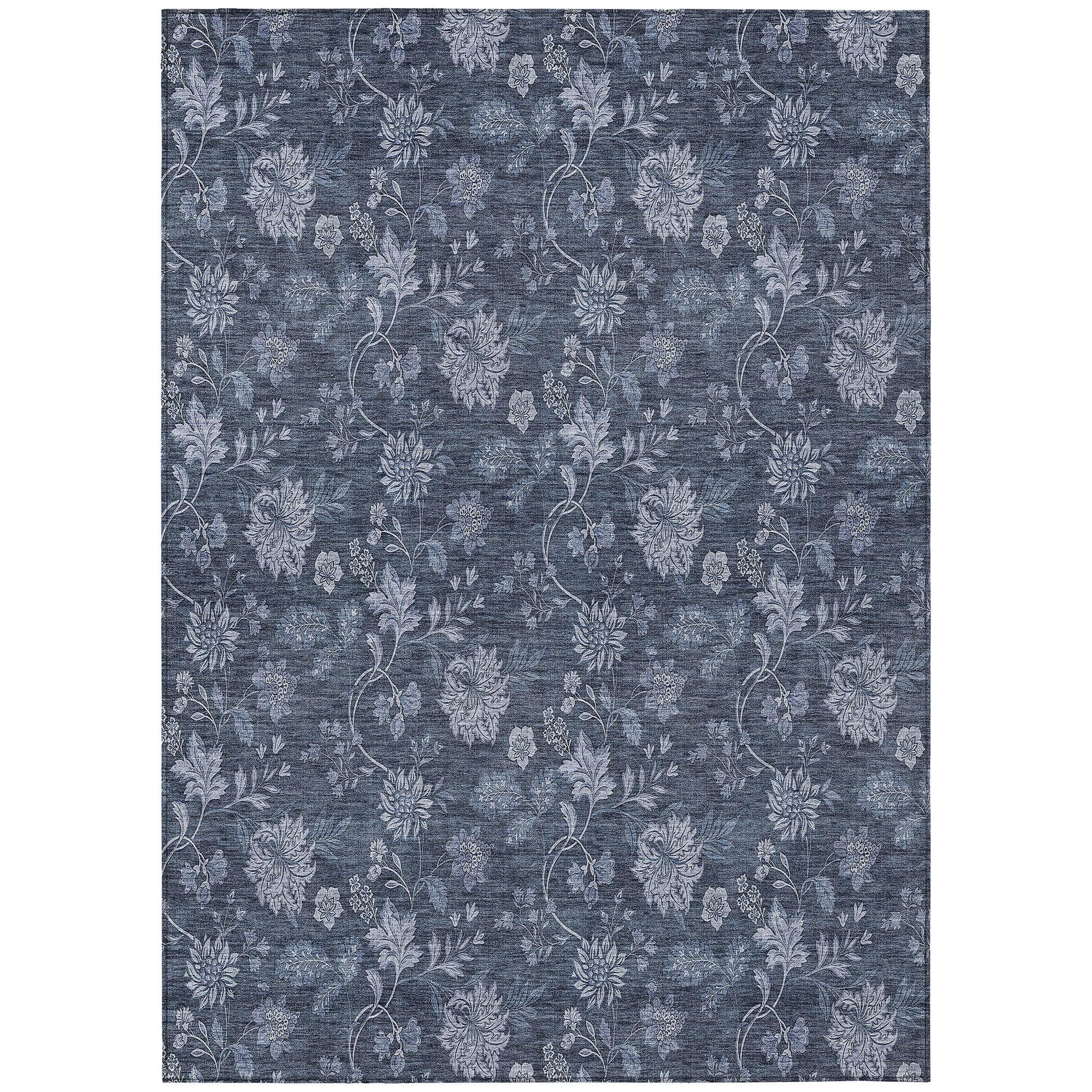 Blue Floral Synthetic Rectangular 8' x 10' Washable Rug