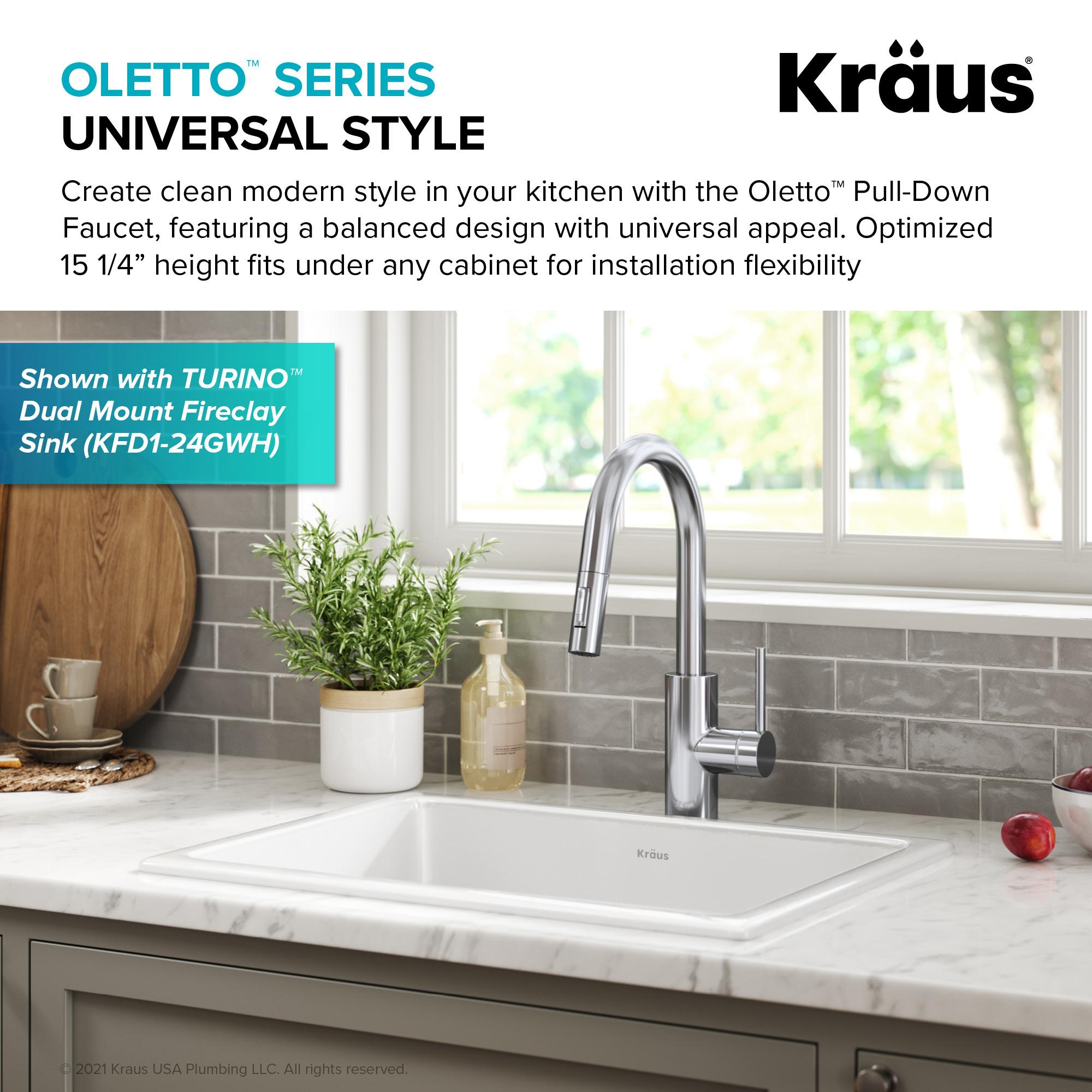 KRAUS Oletto Single Handle Pull Down Kitchen Faucet with QuickDock Top Mount Installation Assembly