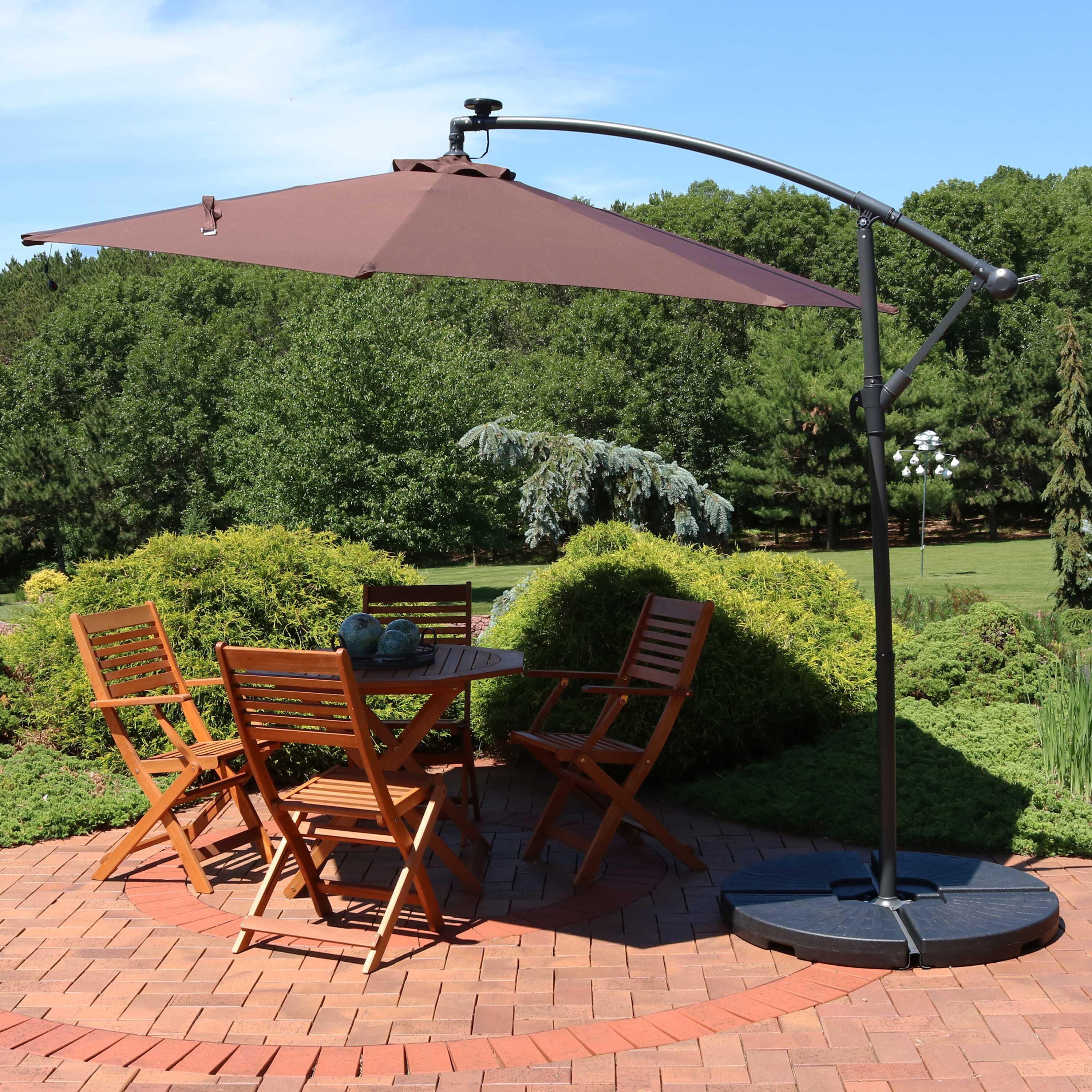 Sunnydaze Outdoor Steel Offset Solar Patio Umbrella with LED Lights, Cantilever, Crank, and Base - 10' - Brown