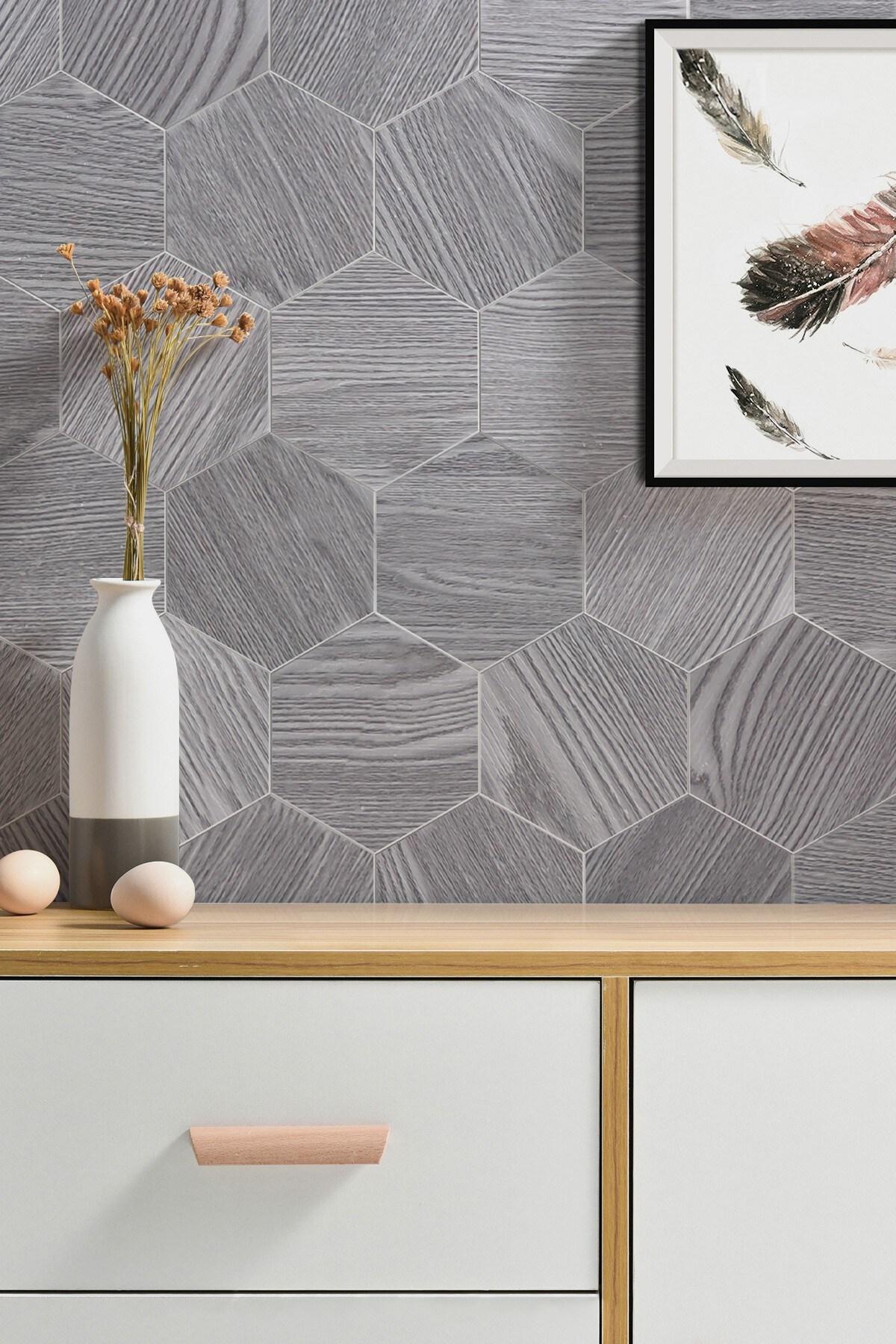 Gray Hexagon Peel and Stick Resin Wall Tiles