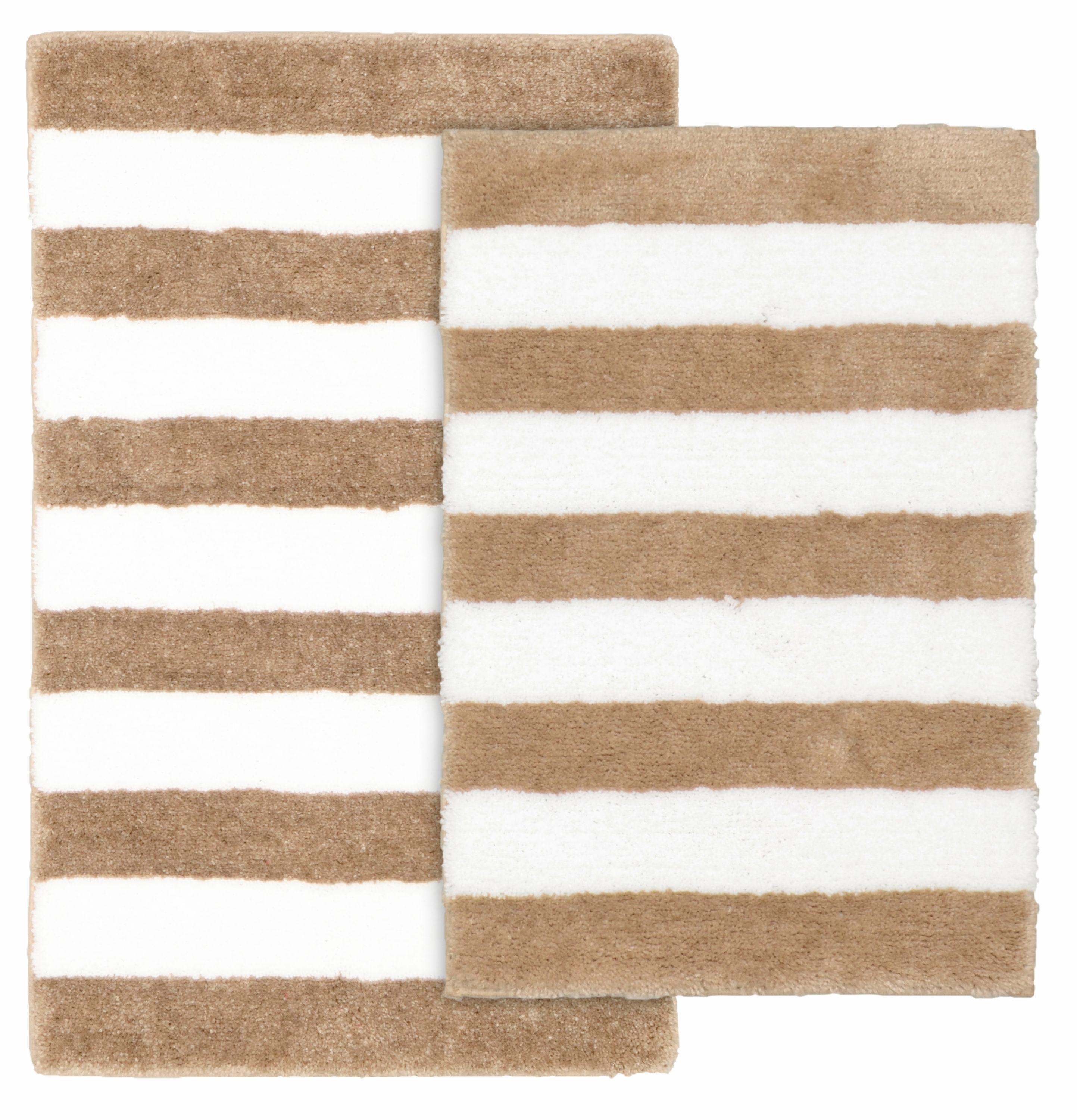 Garland Rug Beach Stripe Washable Bath Rug Set, 2 Piece Set (17"x24" Bath Rug, & 21"x34" Bath Rug) Tan/White