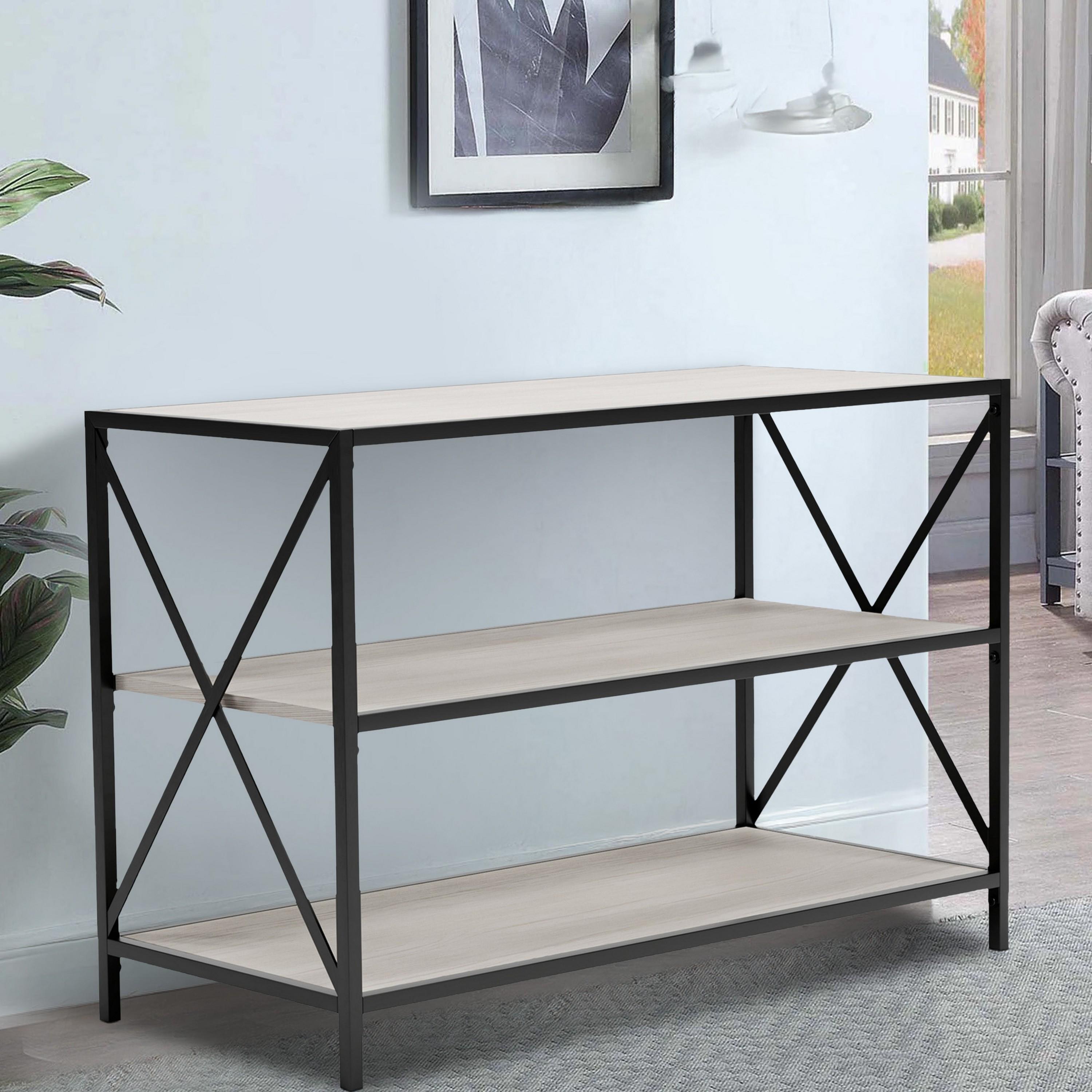 Gem 40 Inch Metal Console Sideboard Table 3 Shelves X Side Accents Black Whitewash - Saltoro Sherpi