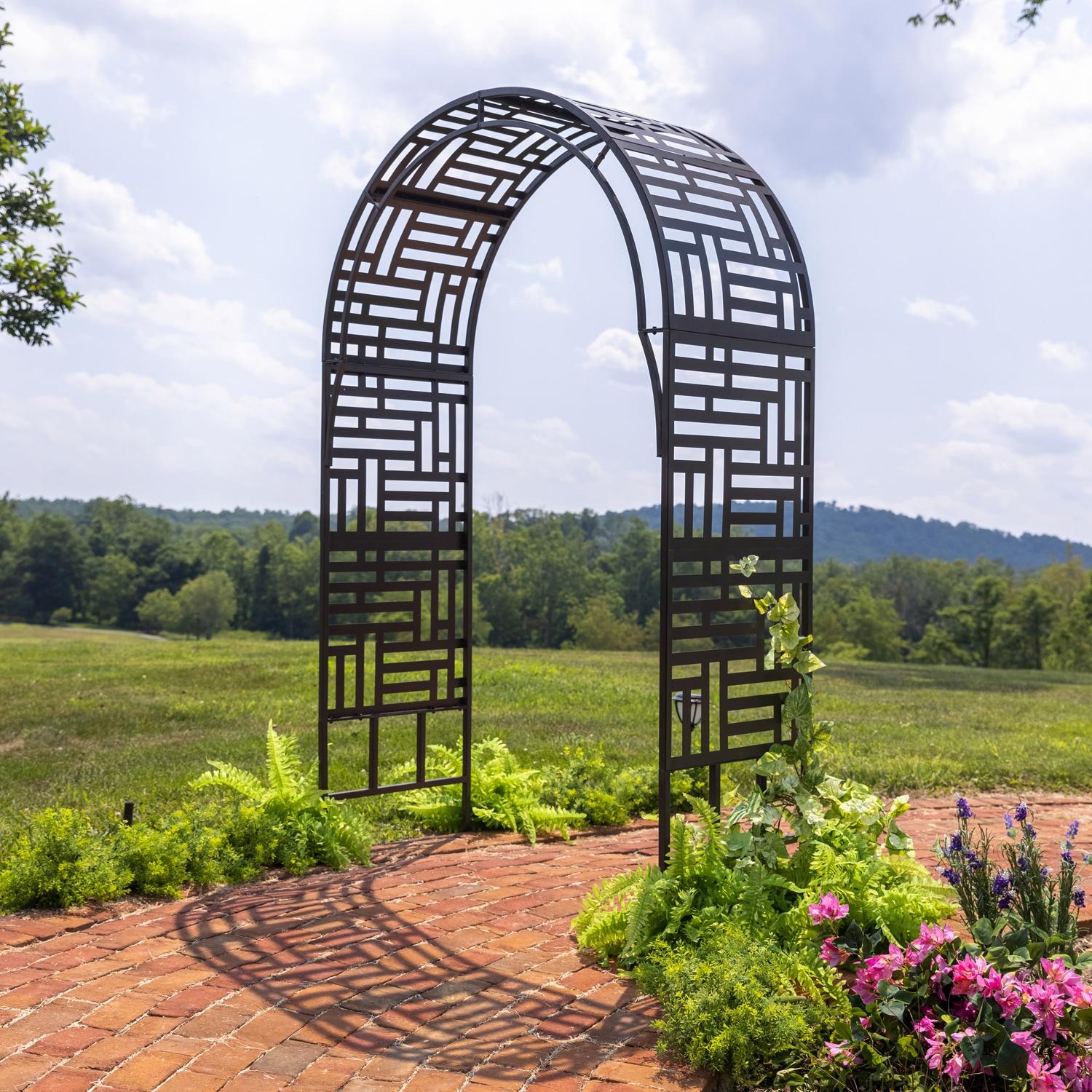 Black Metal Geometric Garden Arch Arbor with Canopy