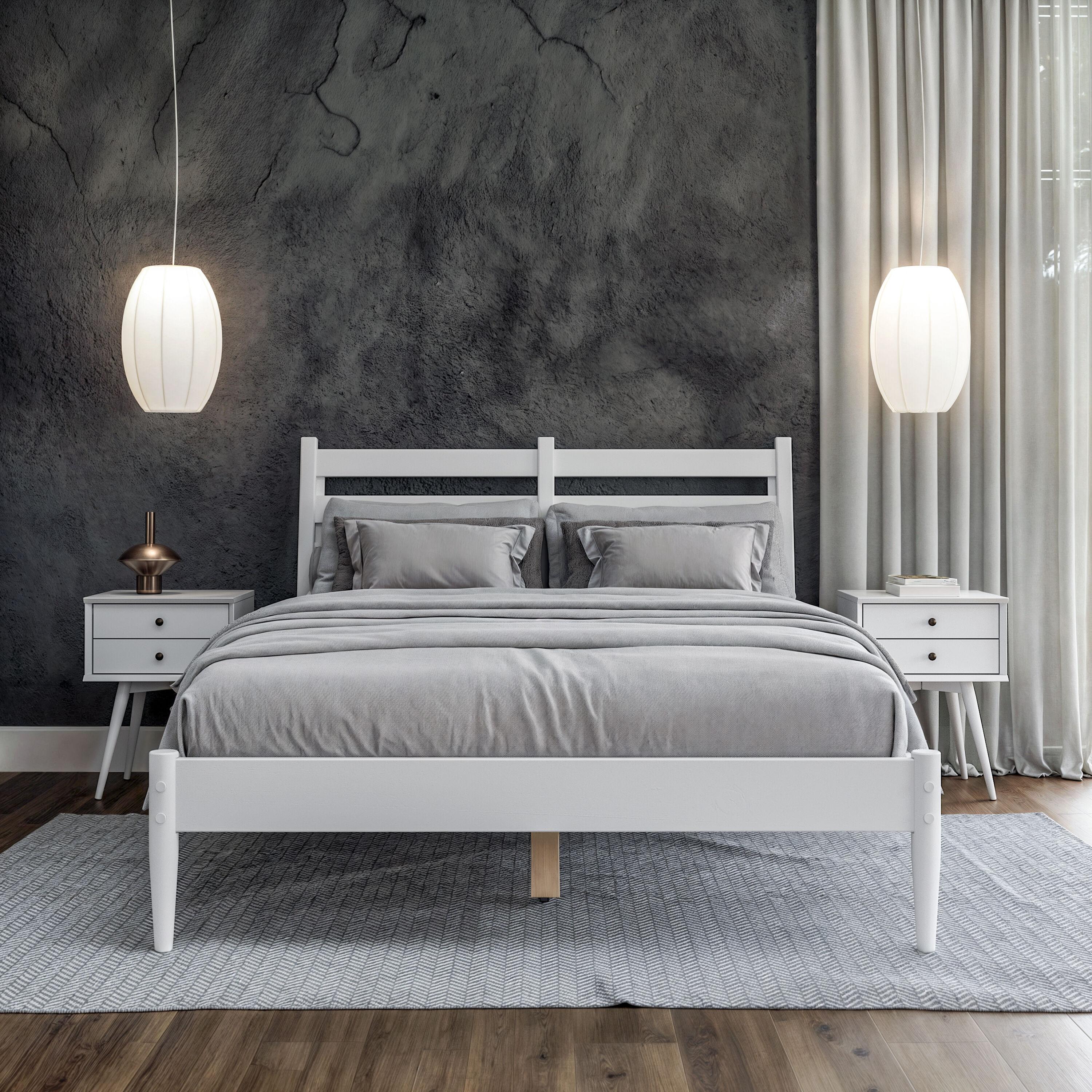 Camaflexi Mid Century Slat Bed Solid Wood Bed Frame with Headboard, King, White