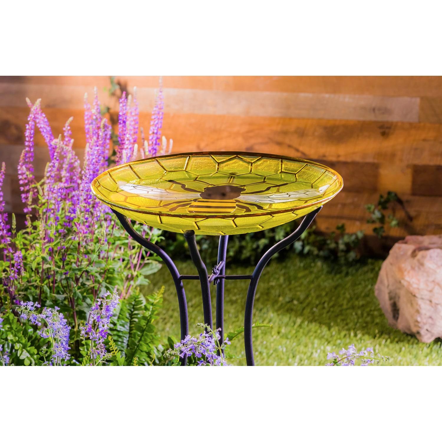 Evergreen 18" Glass Bird Bath, Bee, 18'' x 3'' x 18'' inches