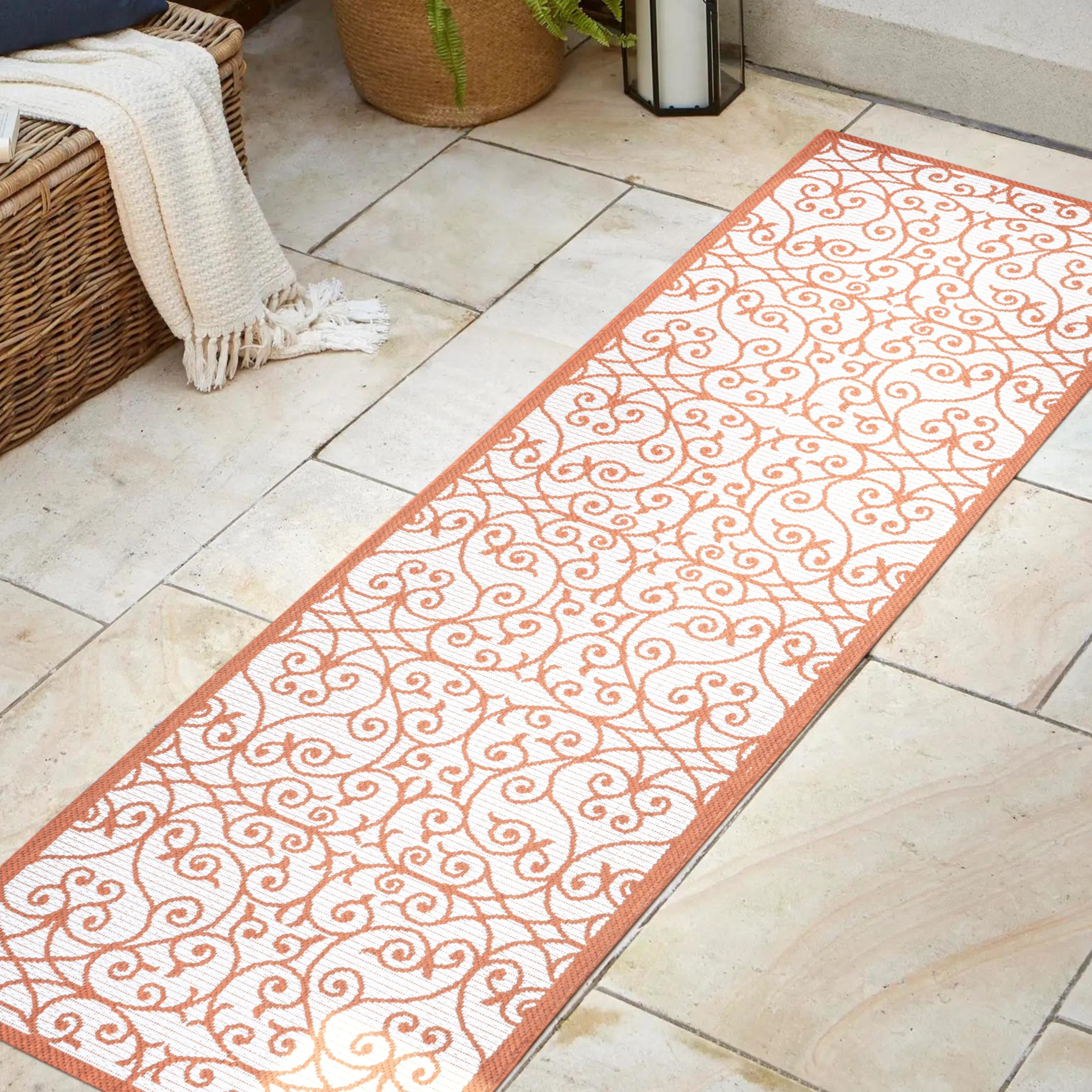 2' x 10' Madrid Vintage Filigree Textured Weave Indoor/Outdoor Runner Rug, Cream/Orange - JONATHAN Y