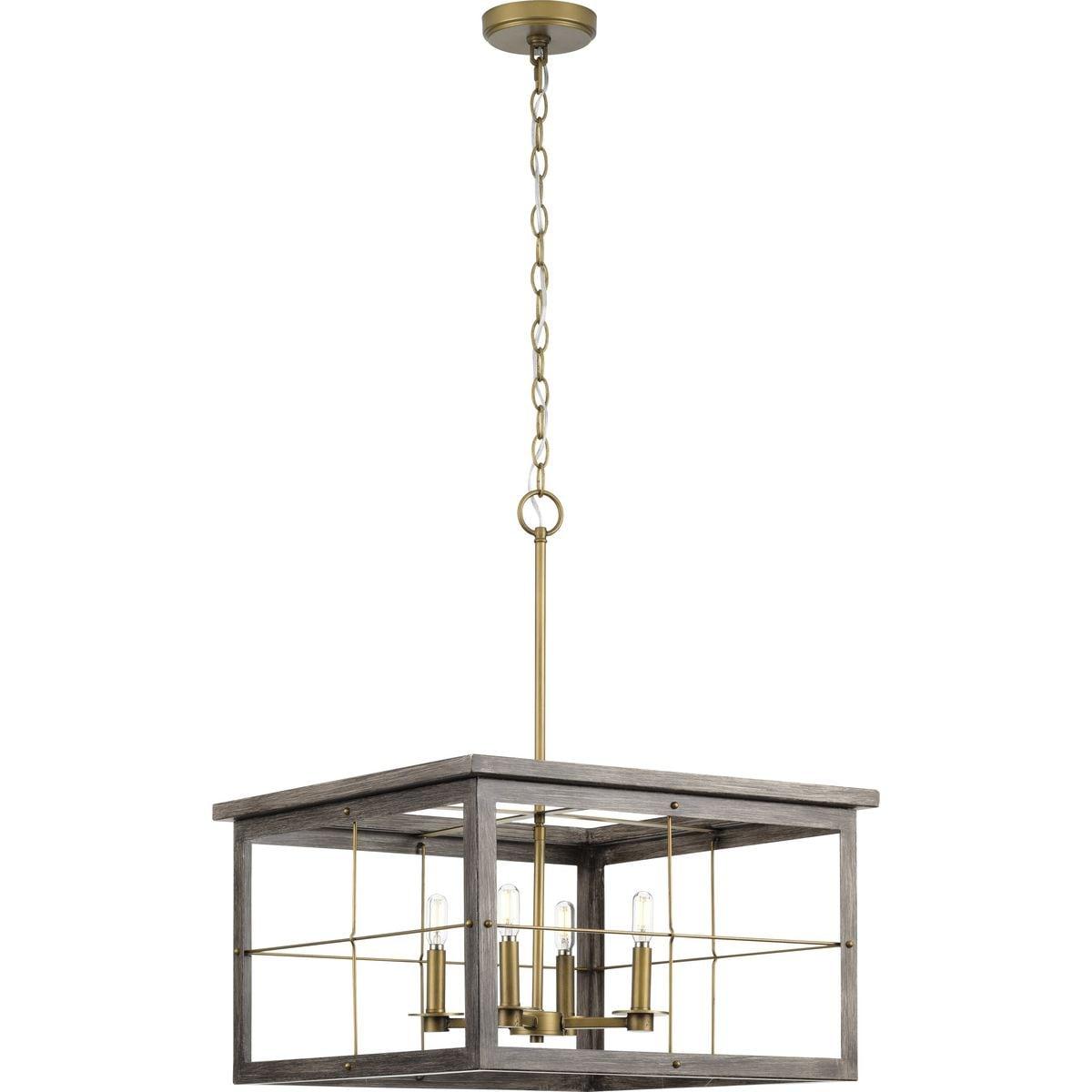 Progress Lighting, Hedgerow Collection, 4-Light Chandelier, Distressed Brass, Windowpane Design