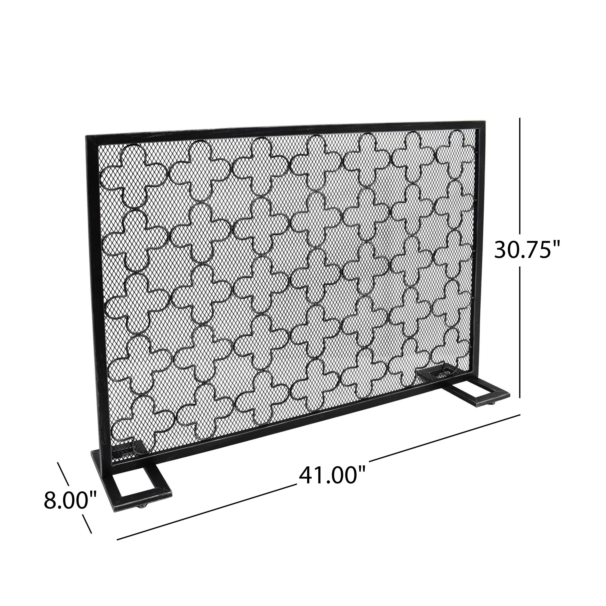 GDF Studio Pepperwood Modern Single Panel Iron Fireplace Screen, Black Brushed Silver
