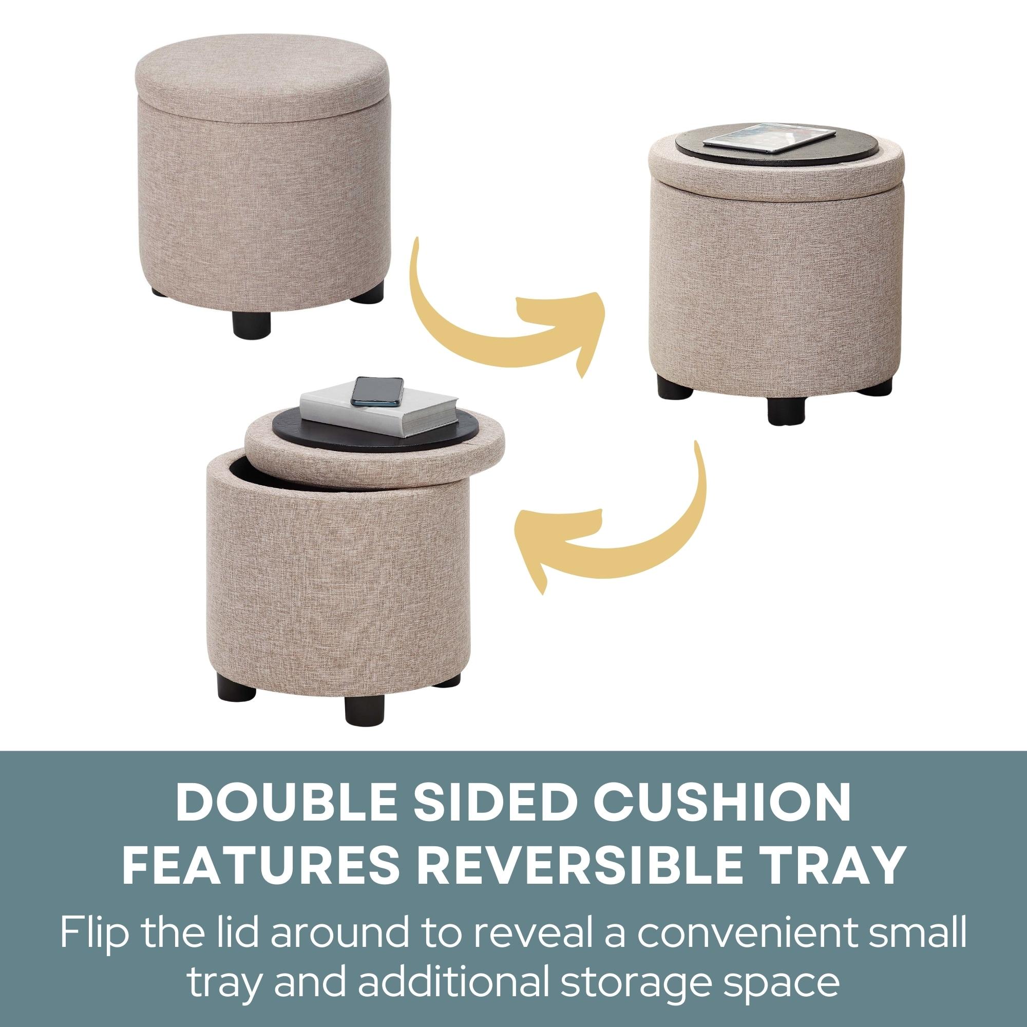Designs4Comfort Round Accent Storage Ottoman with Reversible Tray Lid, Tan Fabric