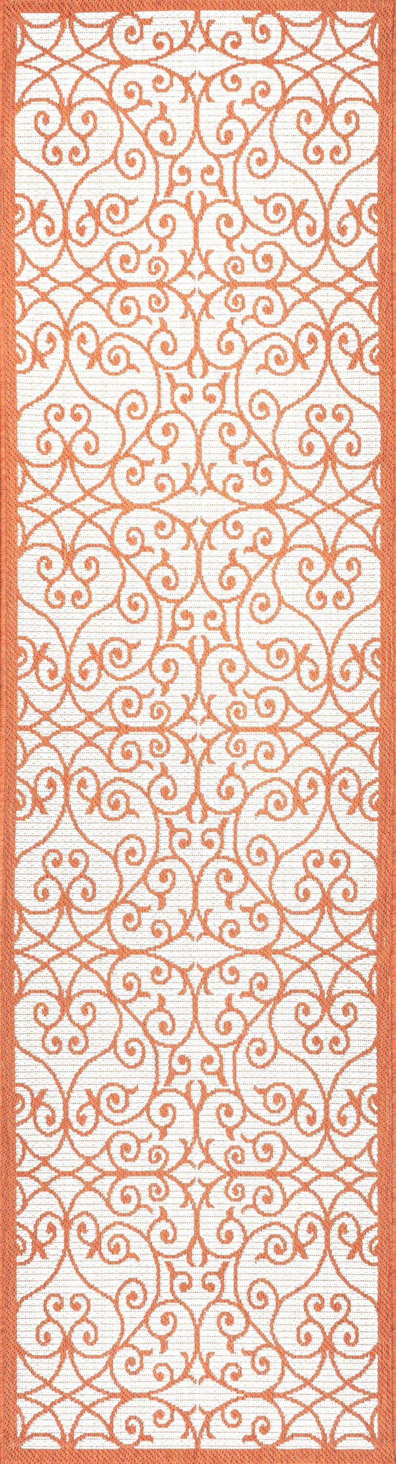 2' x 10' Madrid Vintage Filigree Textured Weave Indoor/Outdoor Runner Rug, Cream/Orange - JONATHAN Y