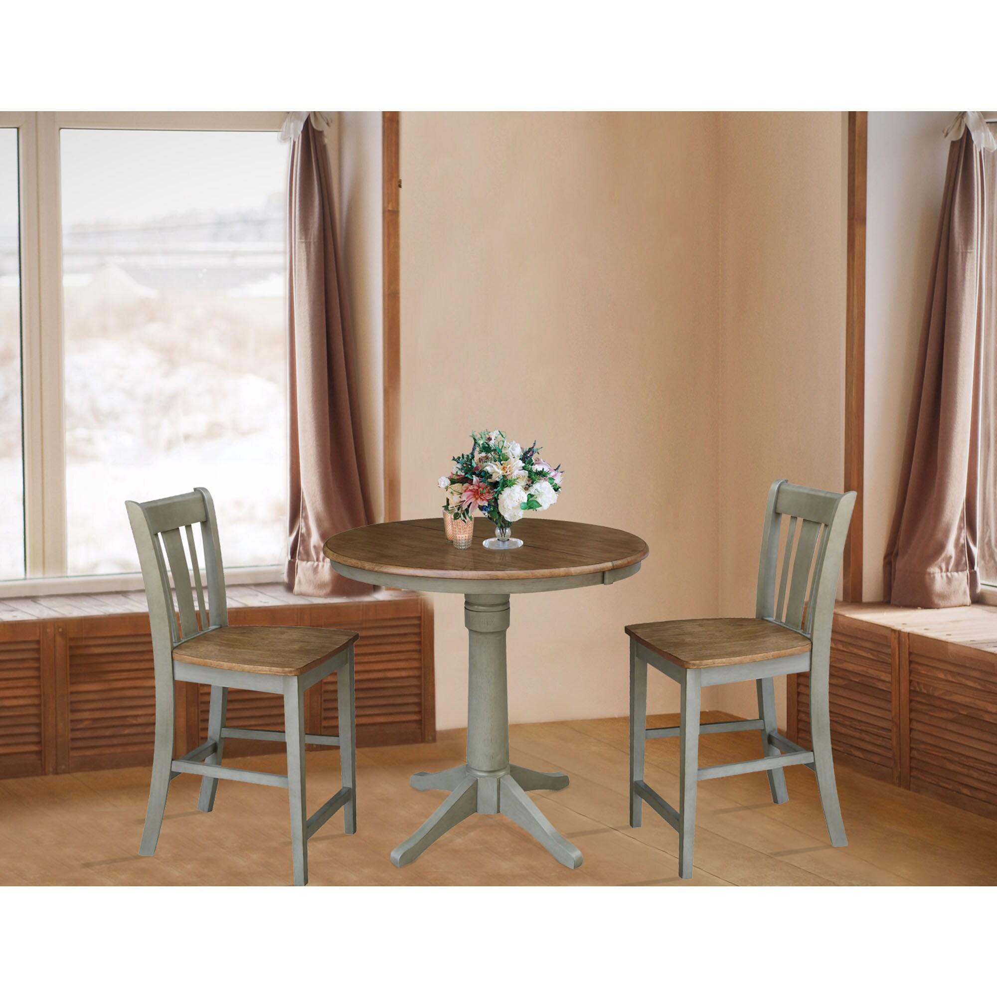 36 in. Round Extension Dining Table with 2 San Remo Counter Height Stools, Hickory & Stone - Set of 3